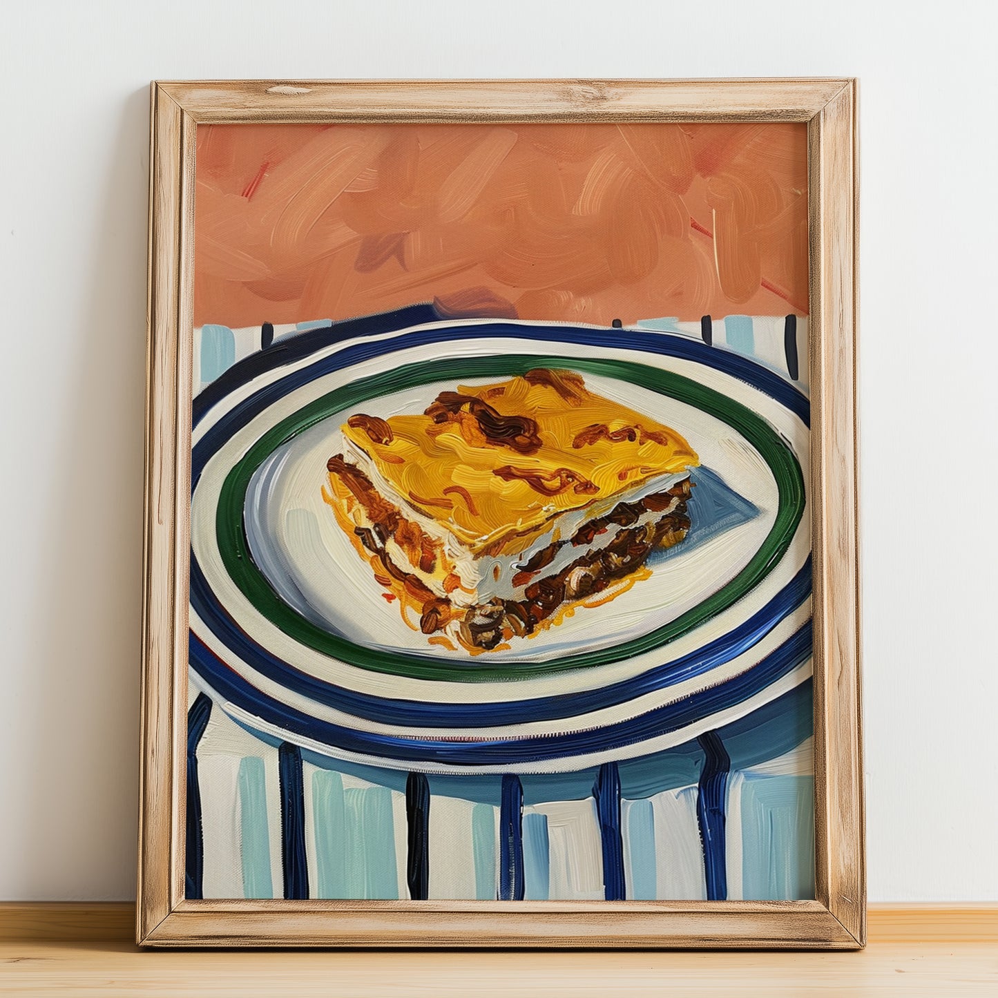 Pastitsio – on Striped Tablecloth, Greek Pasta Wall Art, no-text version framed in wood