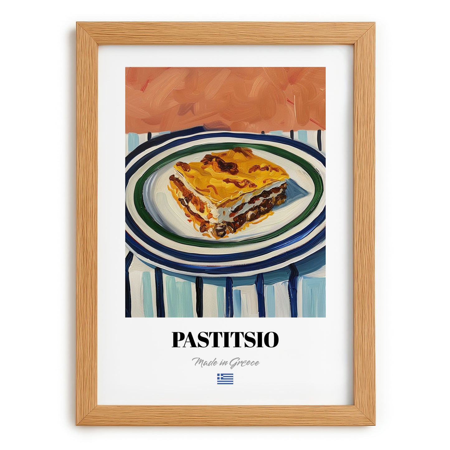 Pastitsio – on Striped Tablecloth, Greek Pasta Wall Art, set in oak frame