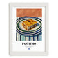 Pastitsio – on Striped Tablecloth, Greek Pasta Wall Art, placed in minimal white frame