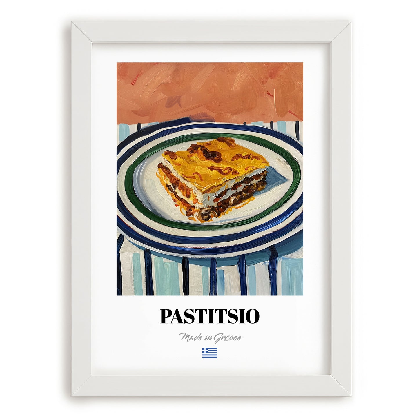 Pastitsio – on Striped Tablecloth, Greek Pasta Wall Art, placed in minimal white frame