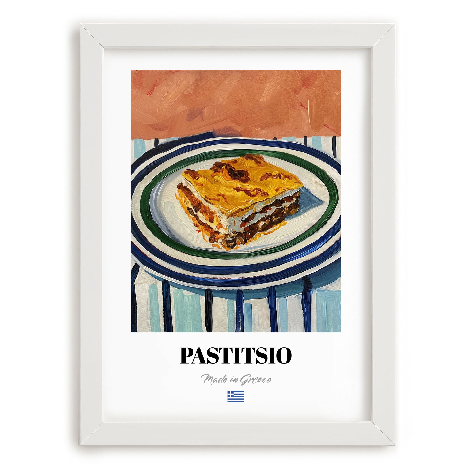 Pastitsio – on Striped Tablecloth, Greek Pasta Wall Art, placed in minimal white frame
