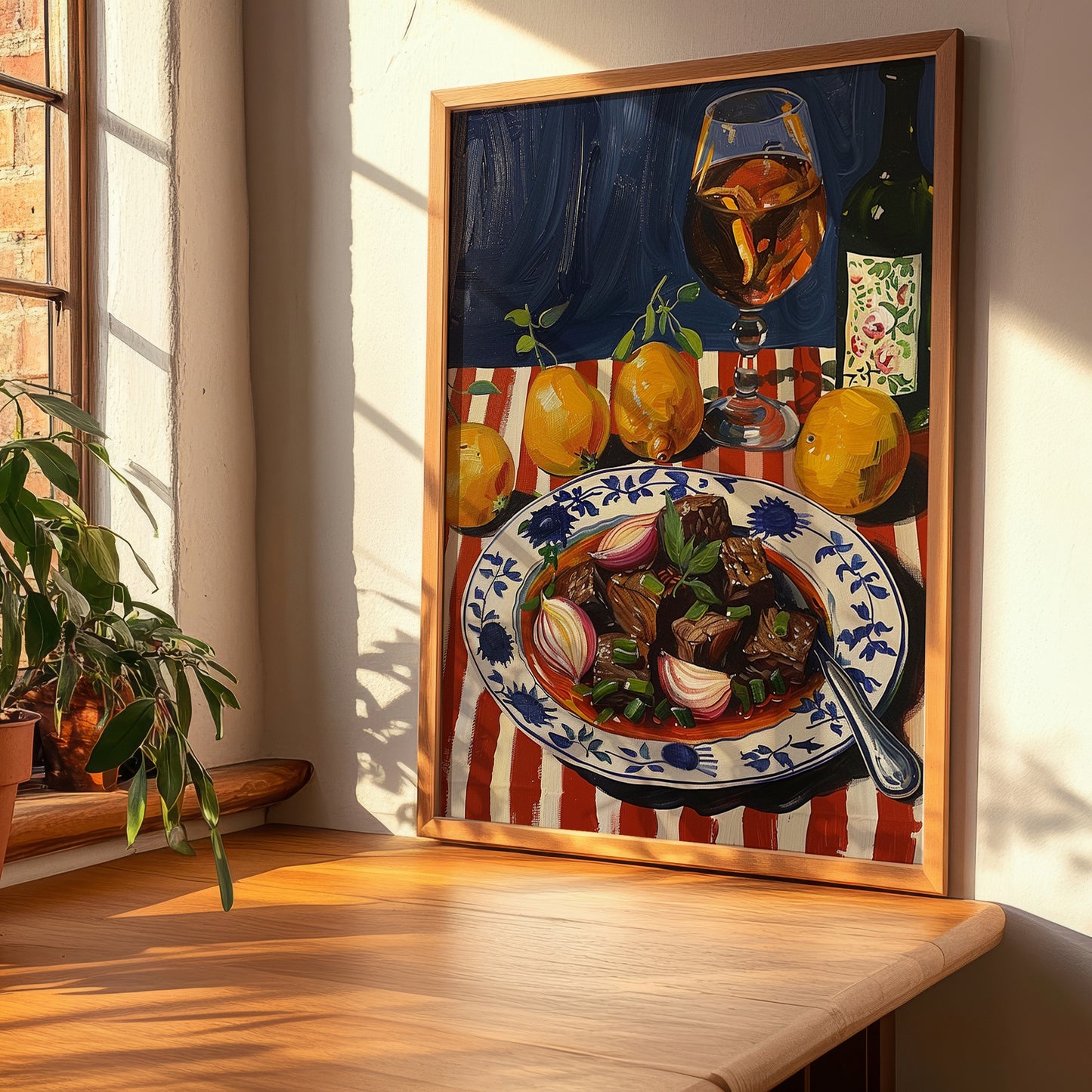 Stifado – Colorful Oil Painting, Greek Food Art, clean layout with no caption