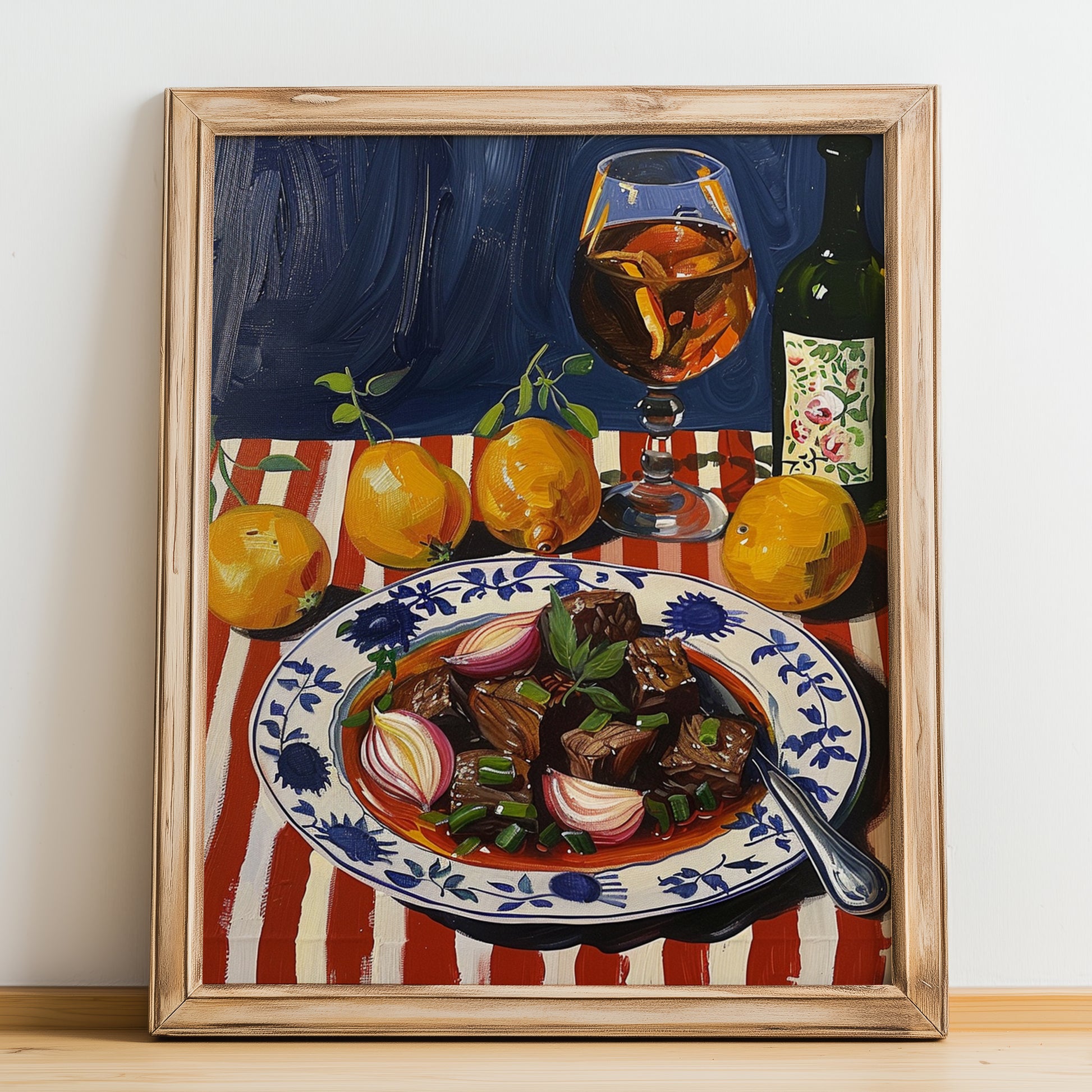 Stifado – Colorful Oil Painting, Greek Food Art, no-text version framed in wood