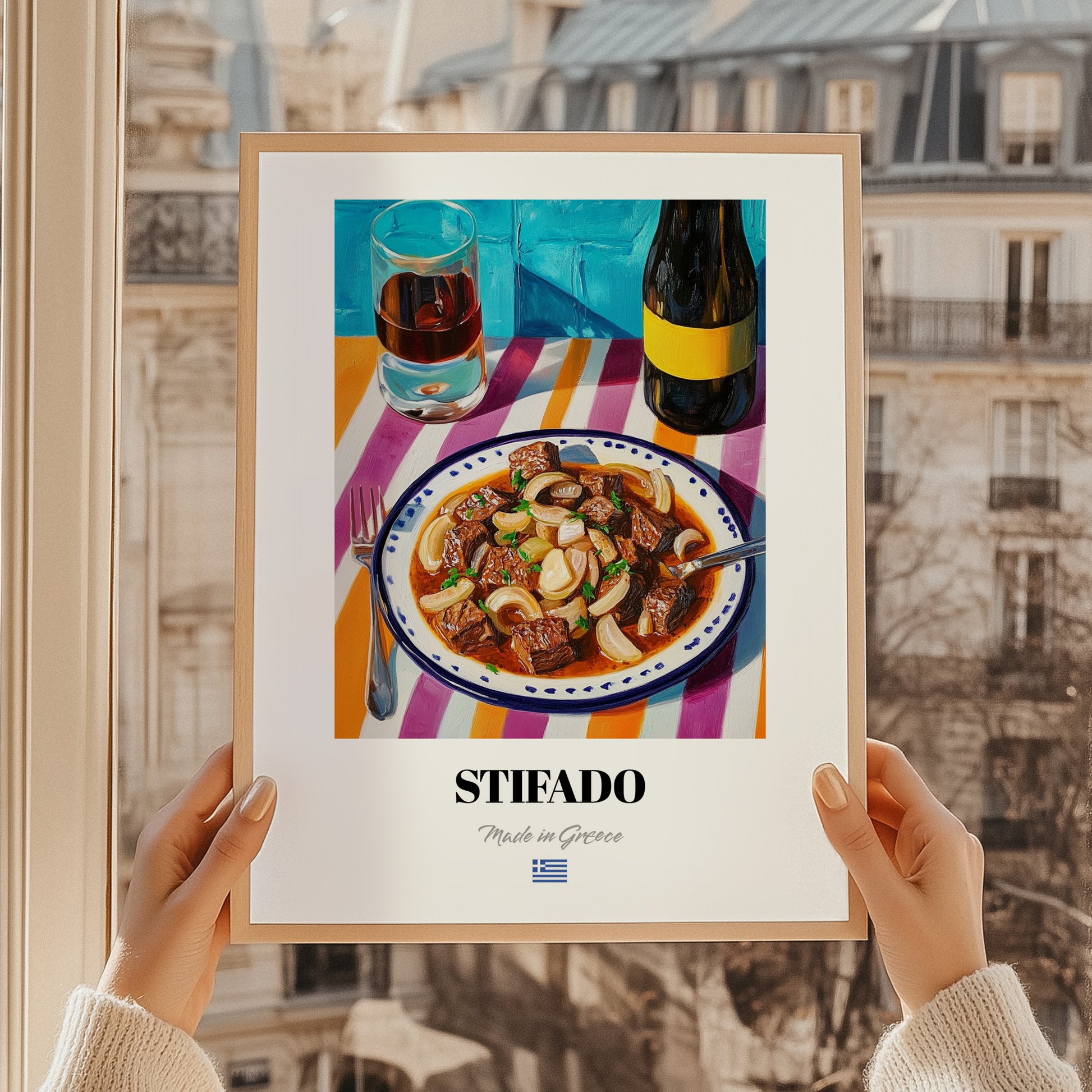 Stifado – Art, Greek Food Painting, styled in a charming Paris street view