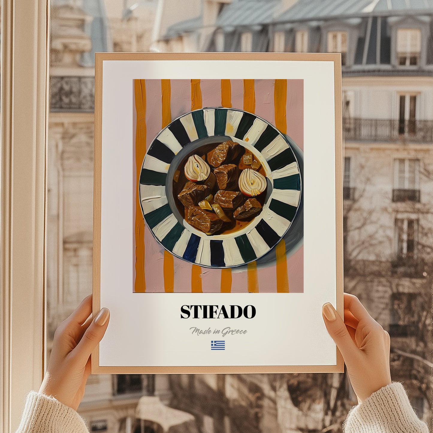 Stifado – on Striped Tablecloth, Greek Food Illustration, styled in a charming Paris street view