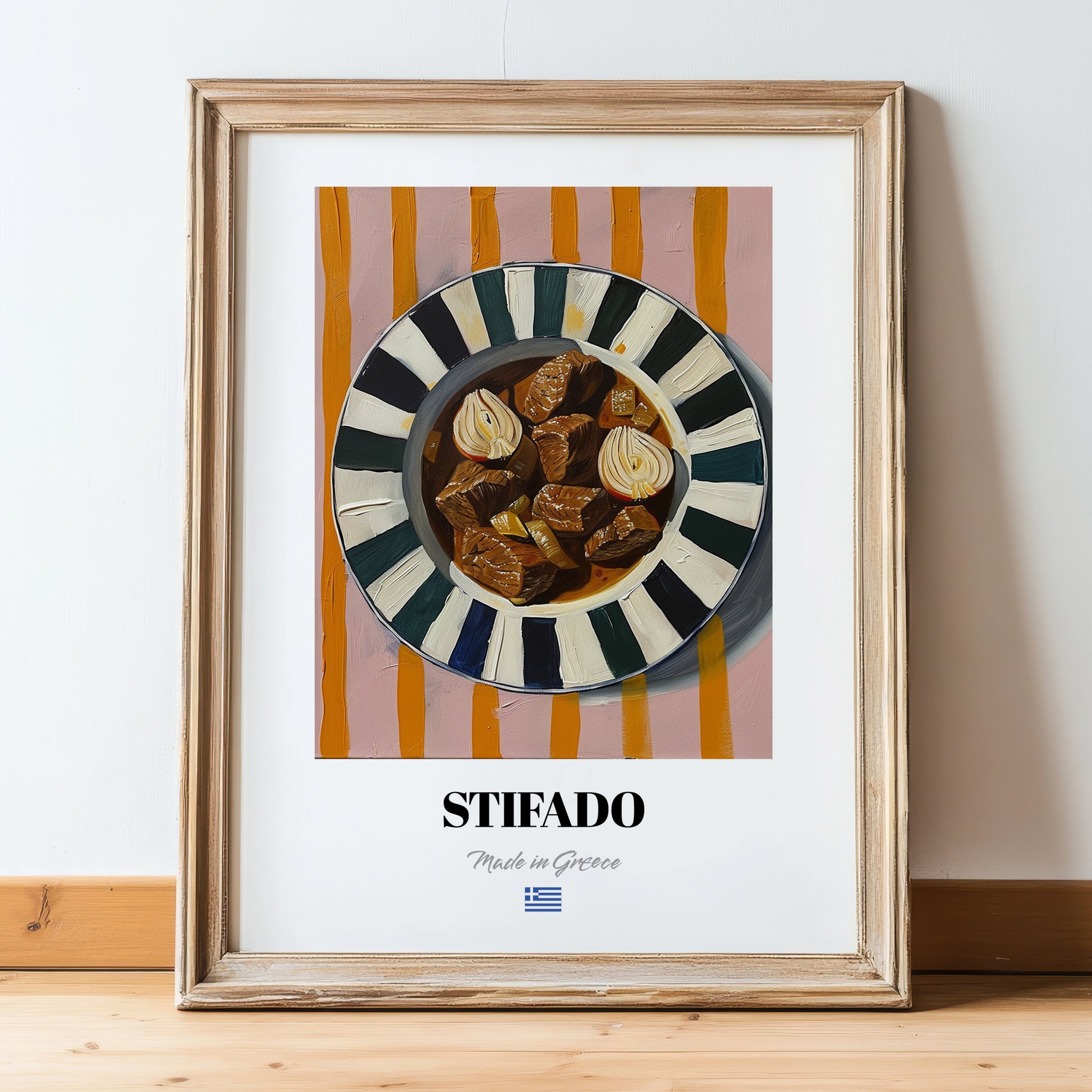 Stifado – on Striped Tablecloth, Greek Food Illustration, in wooden frame leaning on the floor