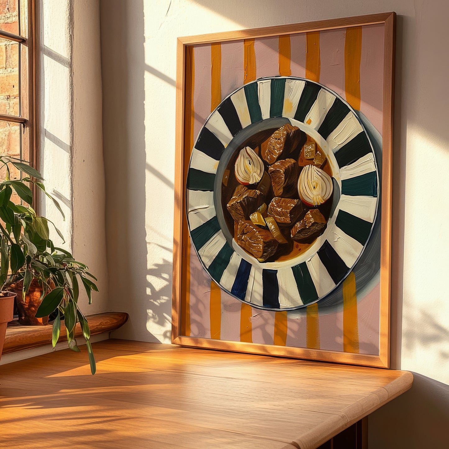 Stifado – on Striped Tablecloth, Greek Food Illustration, clean layout with no caption