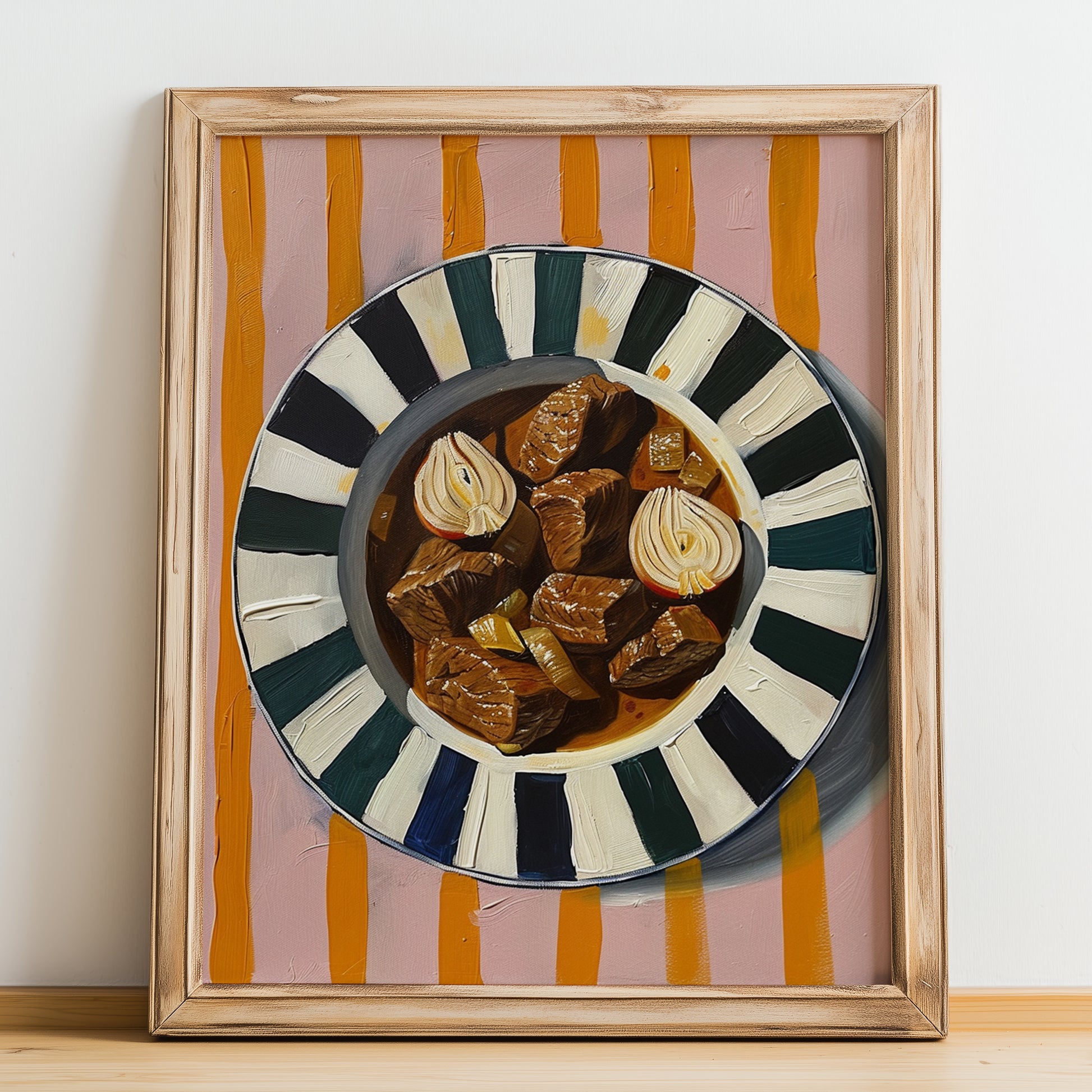 Stifado – on Striped Tablecloth, Greek Food Illustration, no-text version framed in wood