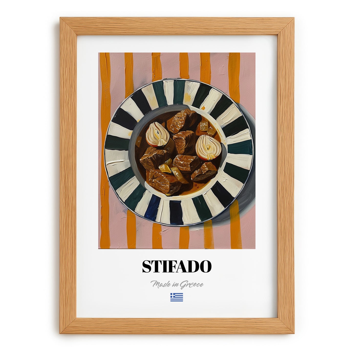 Stifado – on Striped Tablecloth, Greek Food Illustration, set in oak frame