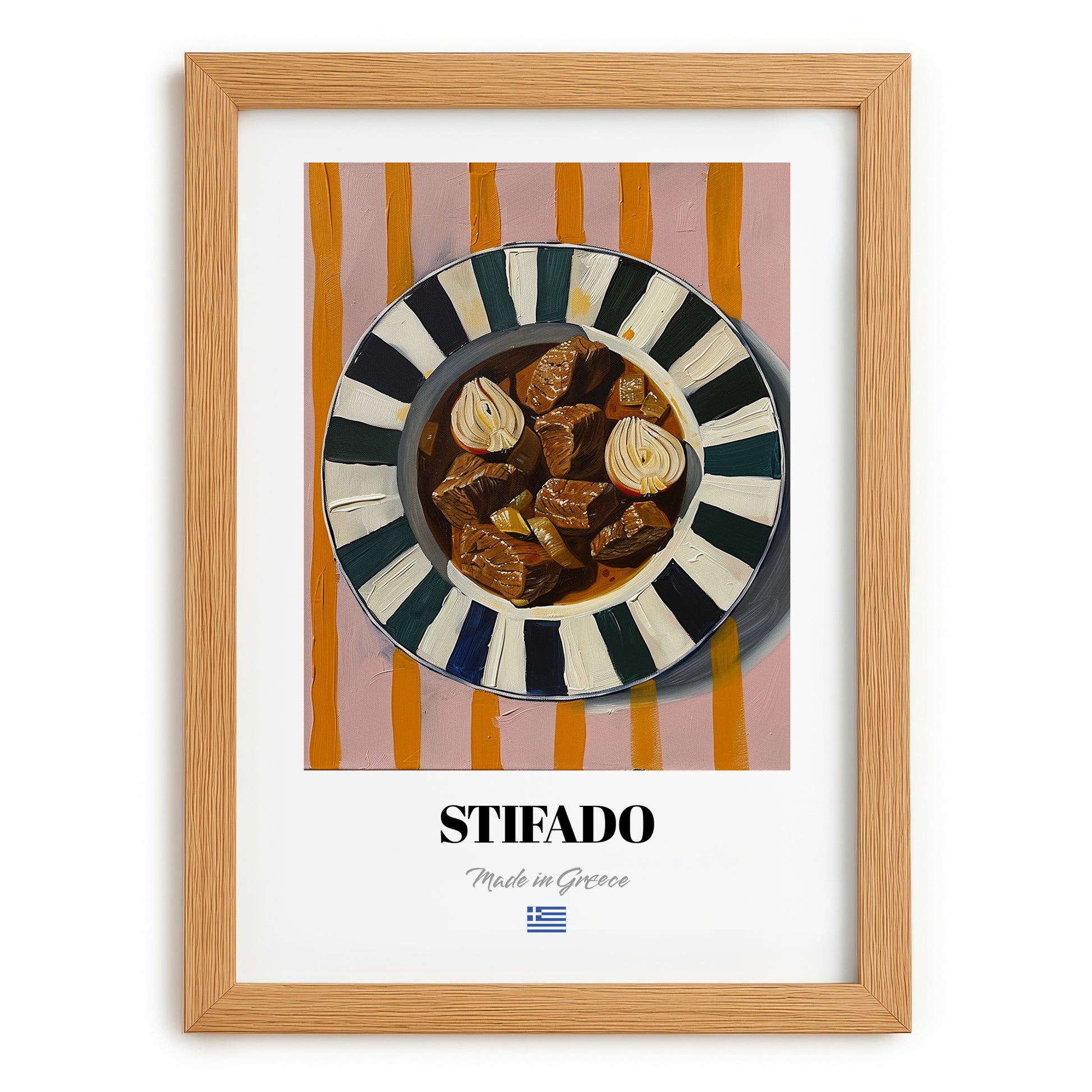 Stifado – on Striped Tablecloth, Greek Food Illustration, set in oak frame