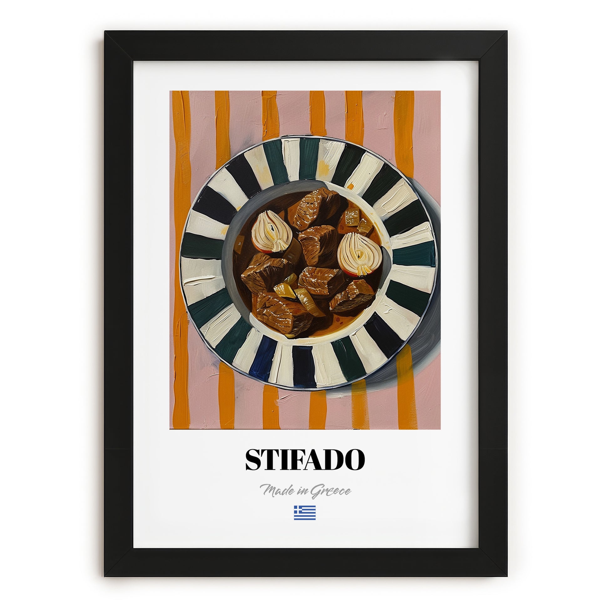 Stifado – on Striped Tablecloth, Greek Food Illustration, in sleek black frame