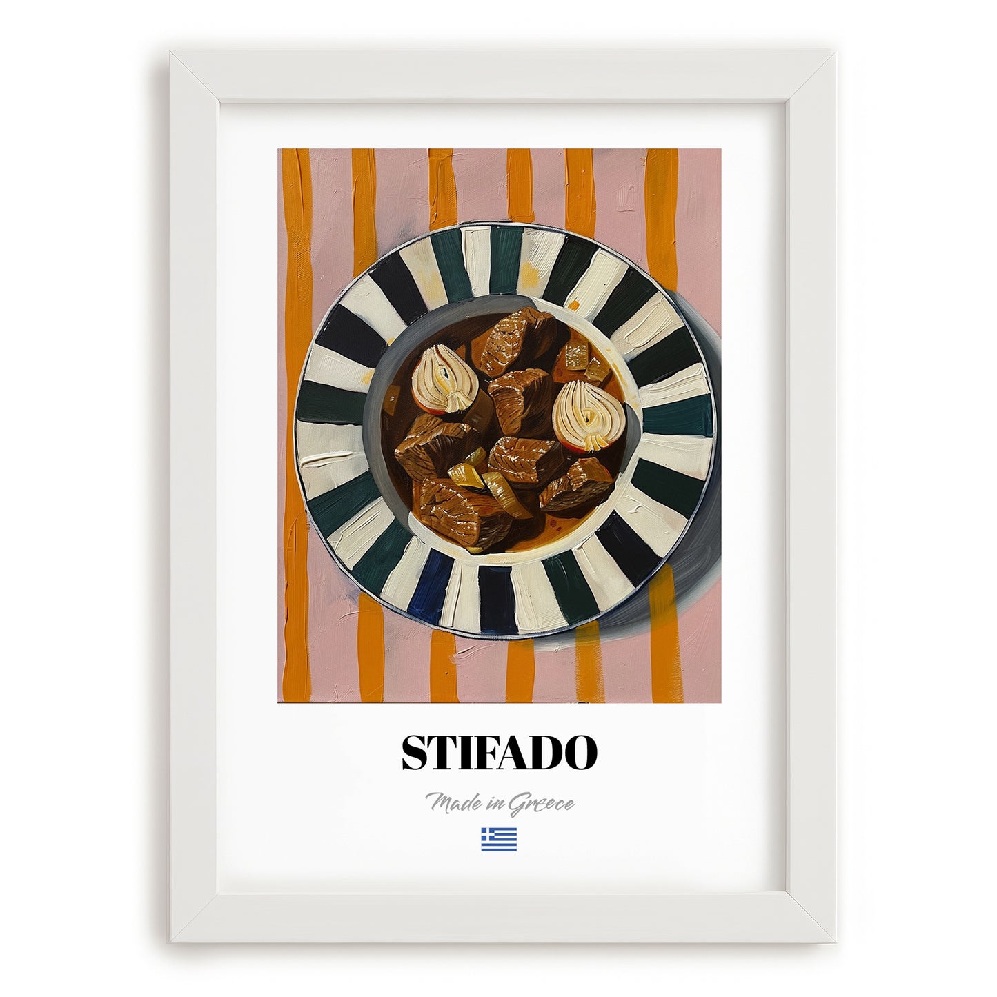 Stifado – on Striped Tablecloth, Greek Food Illustration, placed in minimal white frame