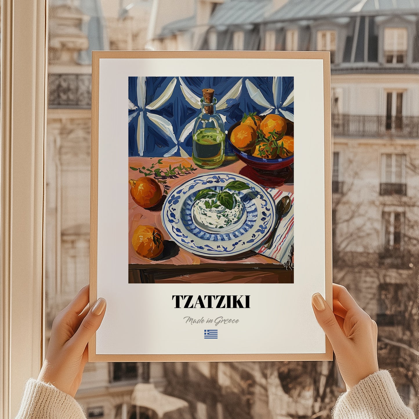 Tzatziki – Colorful Oil Painting, Greek Food Wall Art, styled in a charming Paris street view