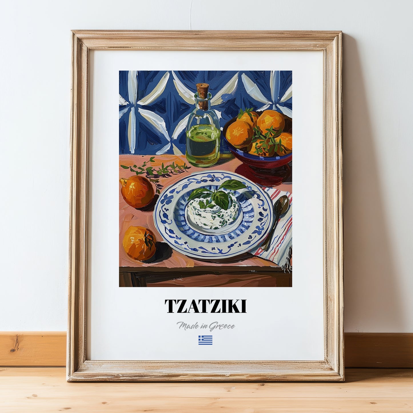 Tzatziki – Colorful Oil Painting, Greek Food Wall Art, in wooden frame leaning on the floor