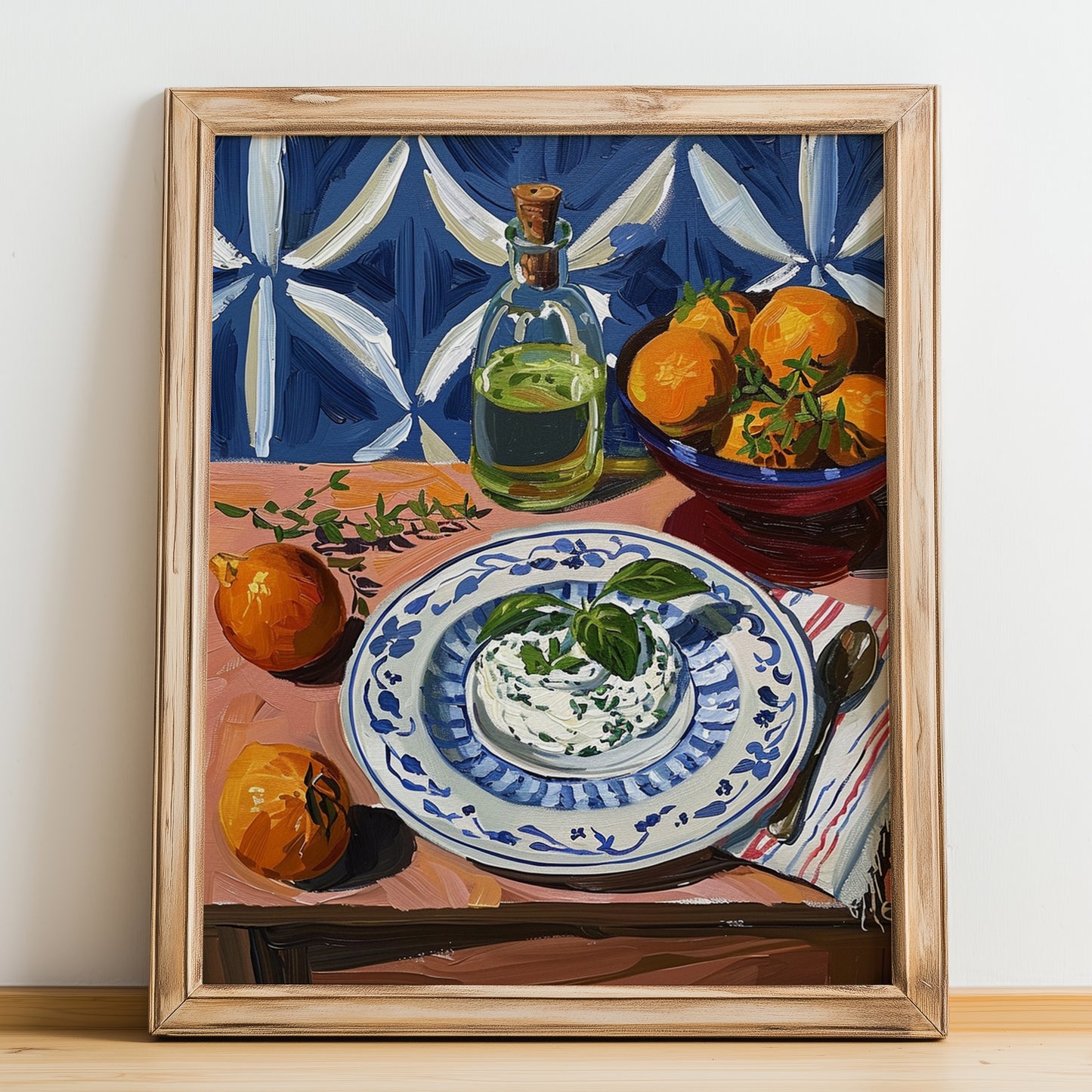 Tzatziki – Colorful Oil Painting, Greek Food Wall Art, no-text version framed in wood
