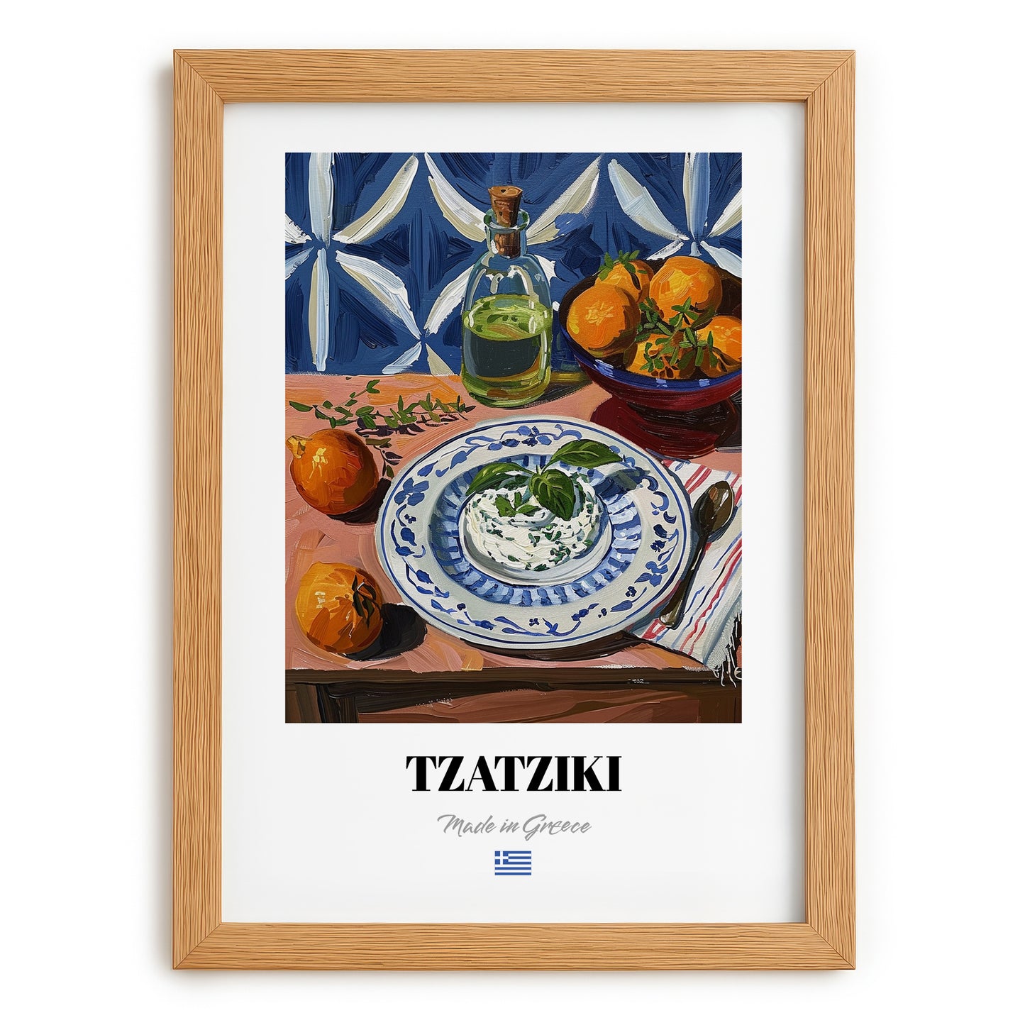 Tzatziki – Colorful Oil Painting, Greek Food Wall Art, set in oak frame