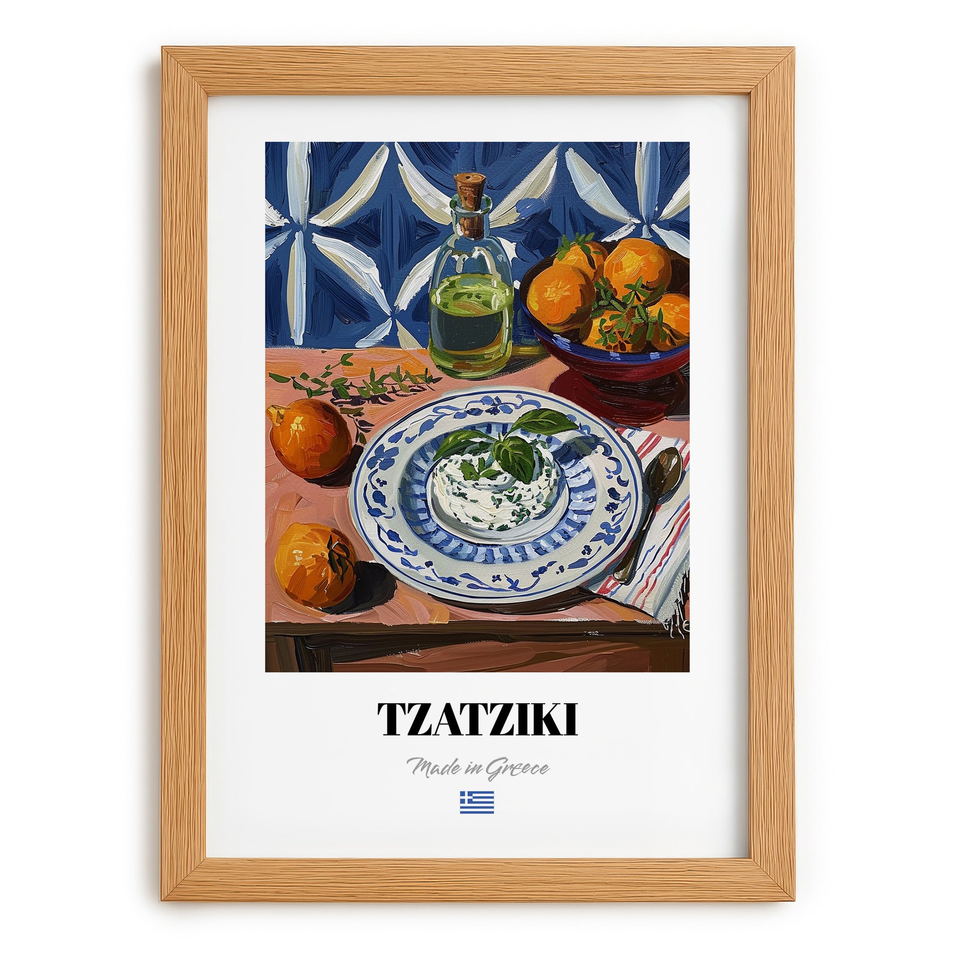 Tzatziki – Colorful Oil Painting, Greek Food Wall Art, set in oak frame