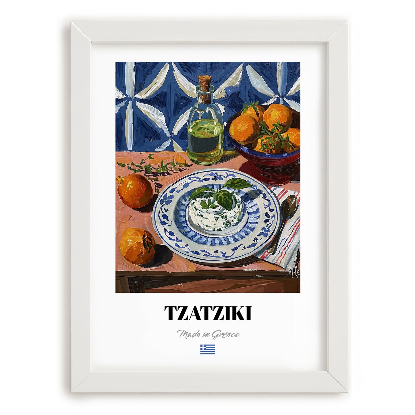 Tzatziki – Colorful Oil Painting, Greek Food Wall Art, placed in minimal white frame