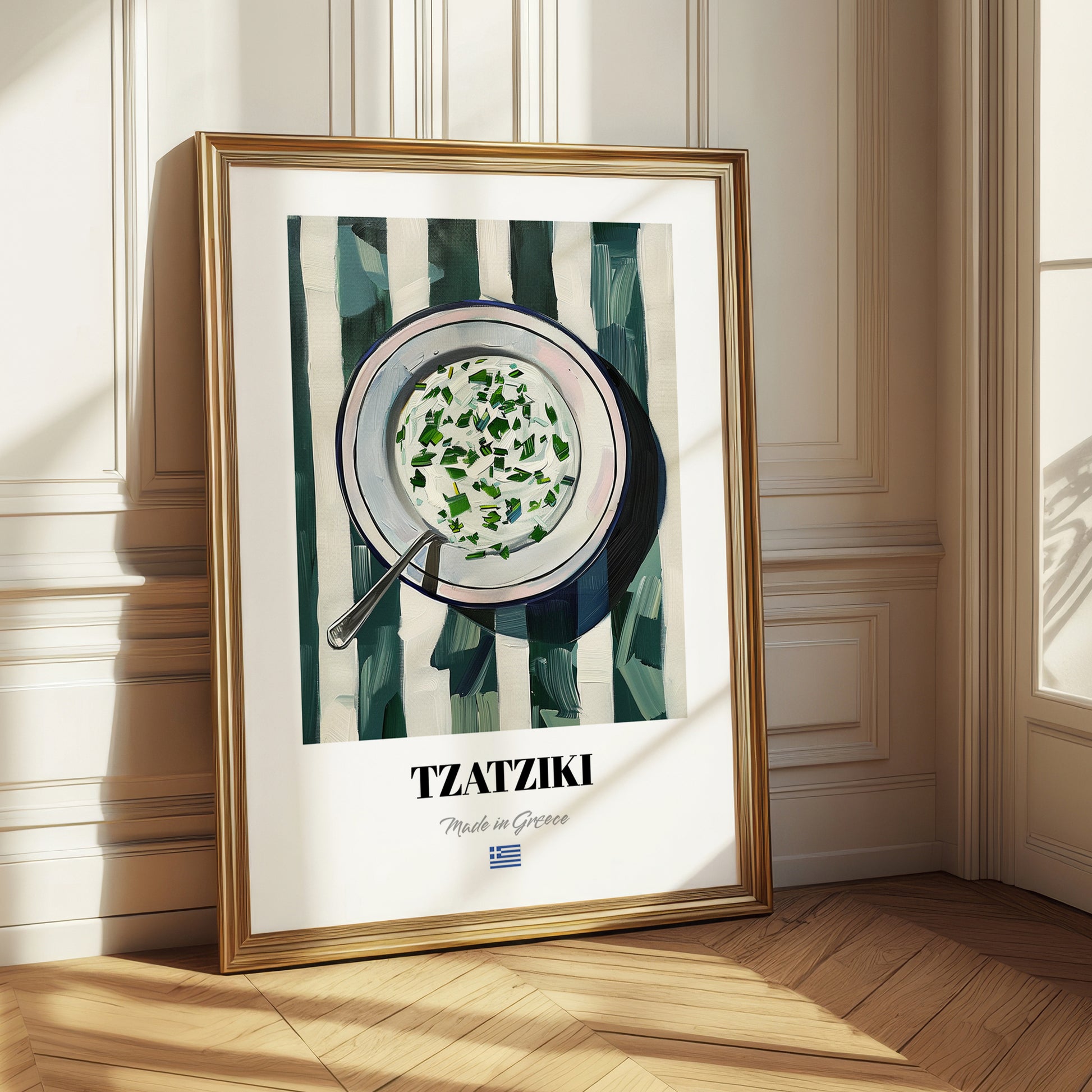 Tzatziki – on Striped Tablecloth, Greek Food Wall Illustration
