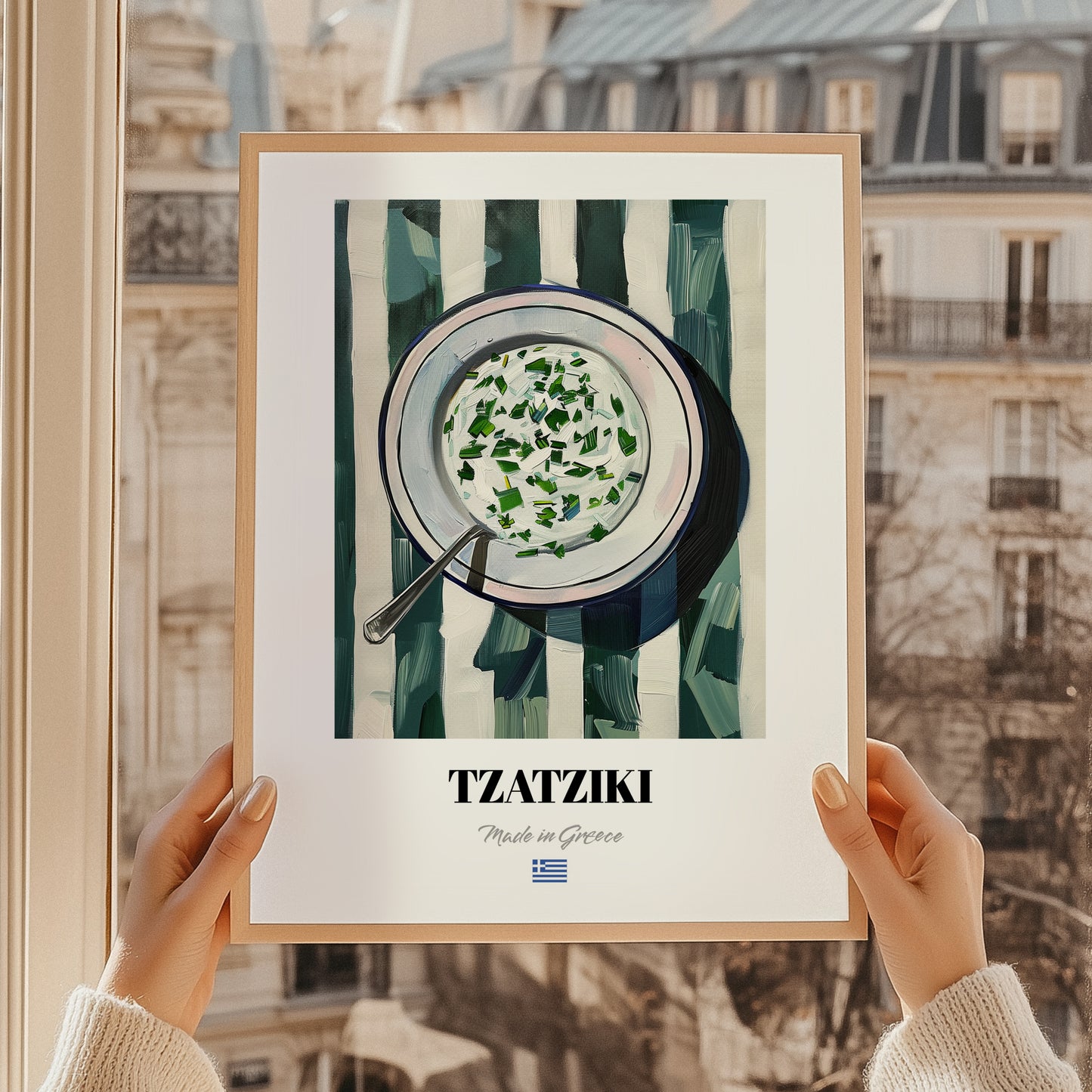 Tzatziki – on Striped Tablecloth, Greek Food Wall Illustration, styled in a charming Paris street view