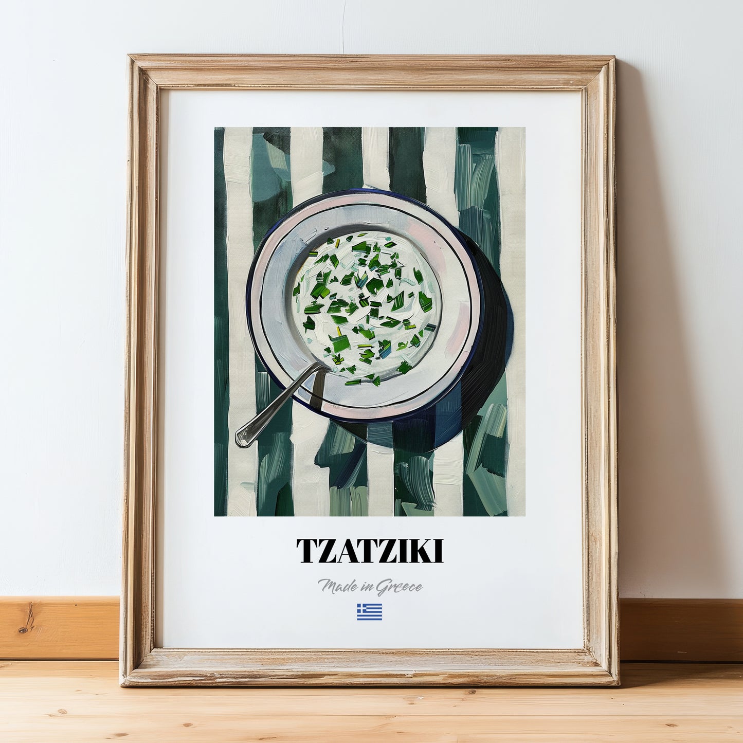 Tzatziki – on Striped Tablecloth, Greek Food Wall Illustration, in wooden frame leaning on the floor