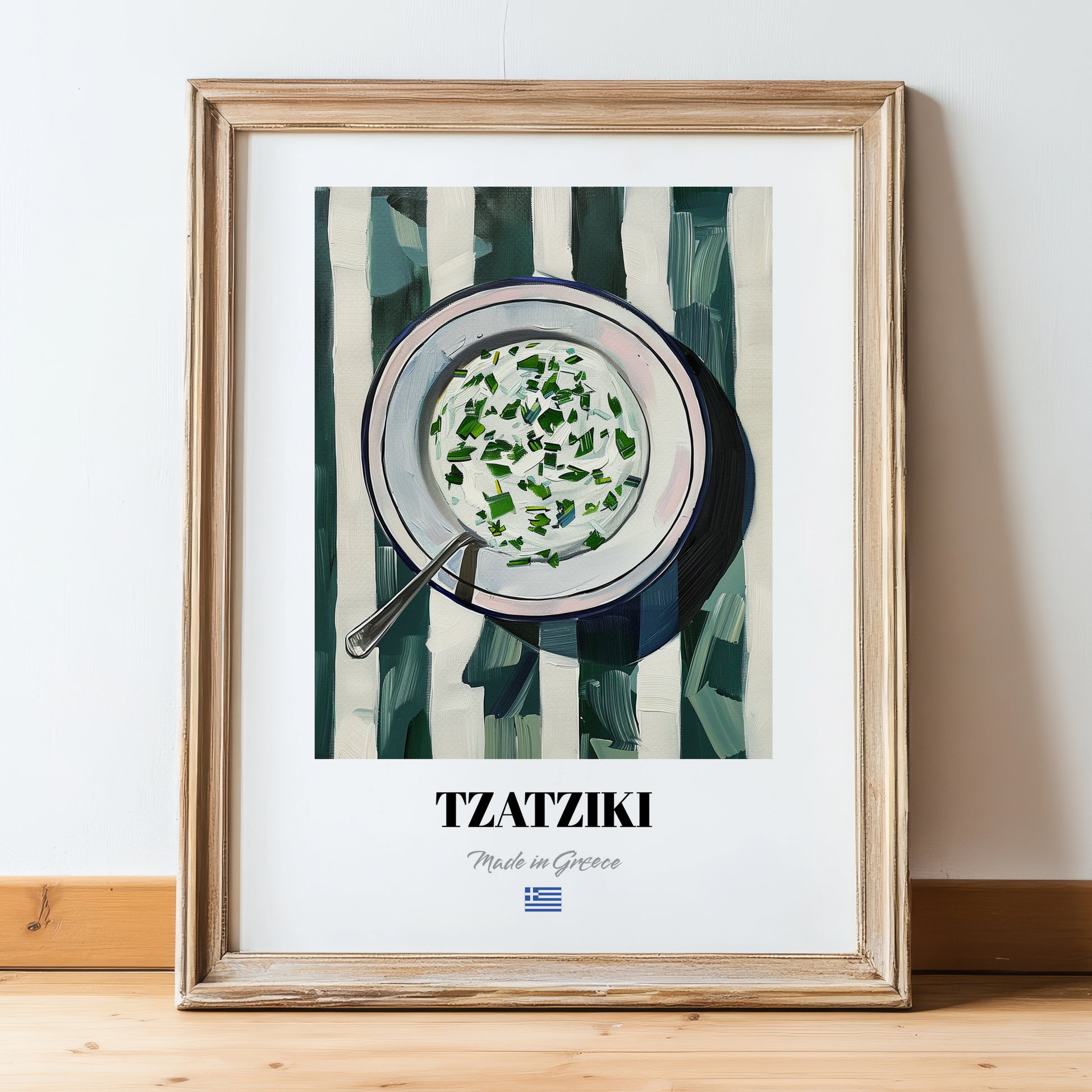 Tzatziki – on Striped Tablecloth, Greek Food Wall Illustration, in wooden frame leaning on the floor