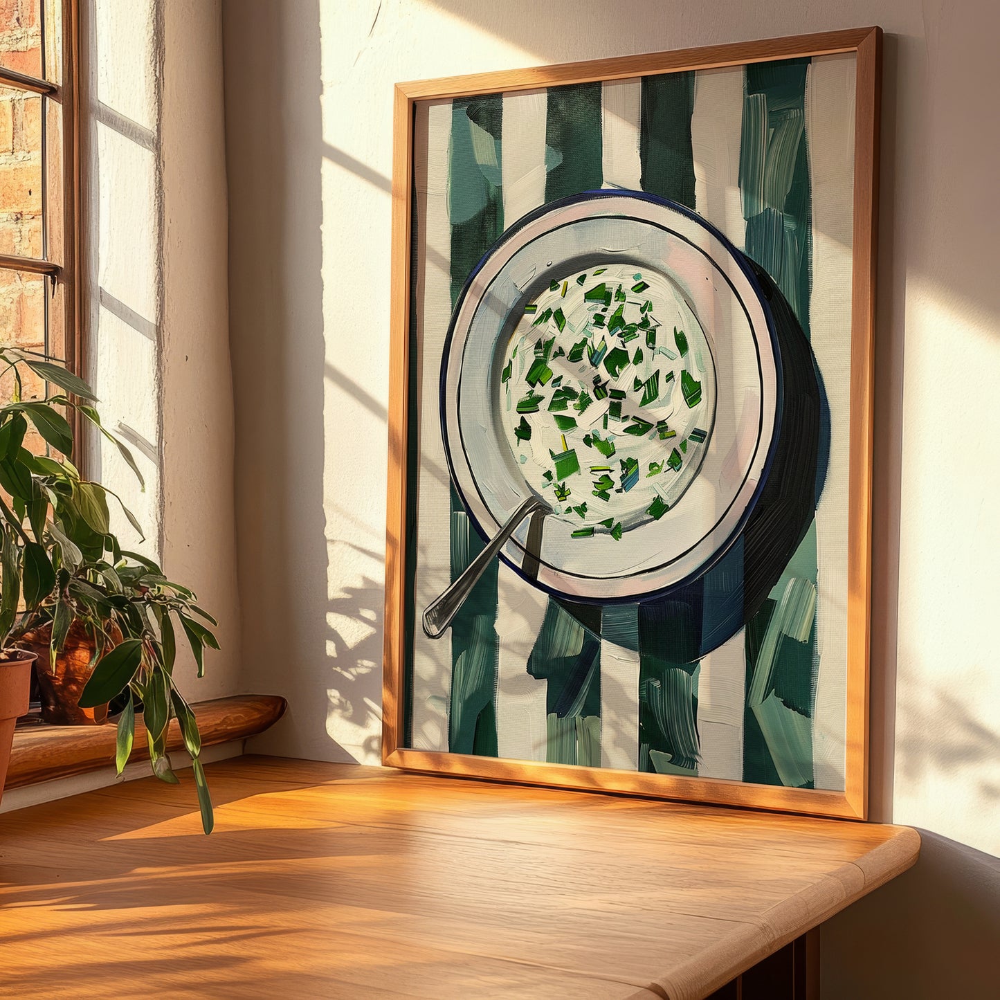 Tzatziki – on Striped Tablecloth, Greek Food Wall Illustration, clean layout with no caption