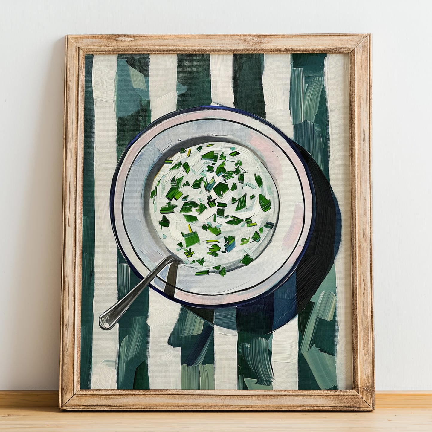 Tzatziki – on Striped Tablecloth, Greek Food Wall Illustration, no-text version framed in wood