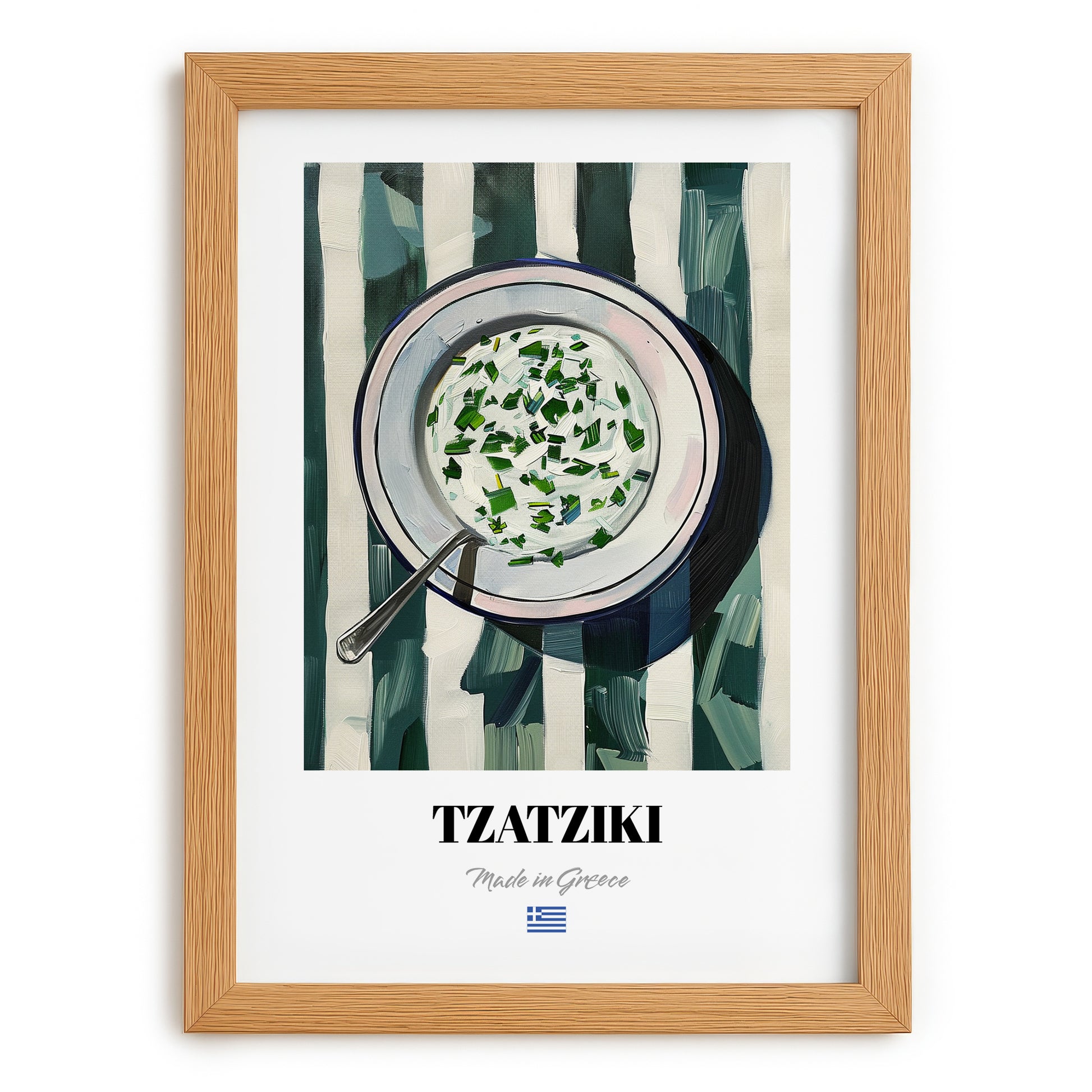 Tzatziki – on Striped Tablecloth, Greek Food Wall Illustration, set in oak frame
