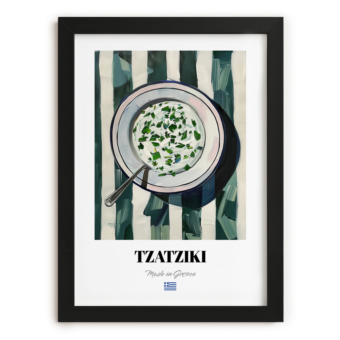 Tzatziki – on Striped Tablecloth, Greek Food Wall Illustration, in sleek black frame