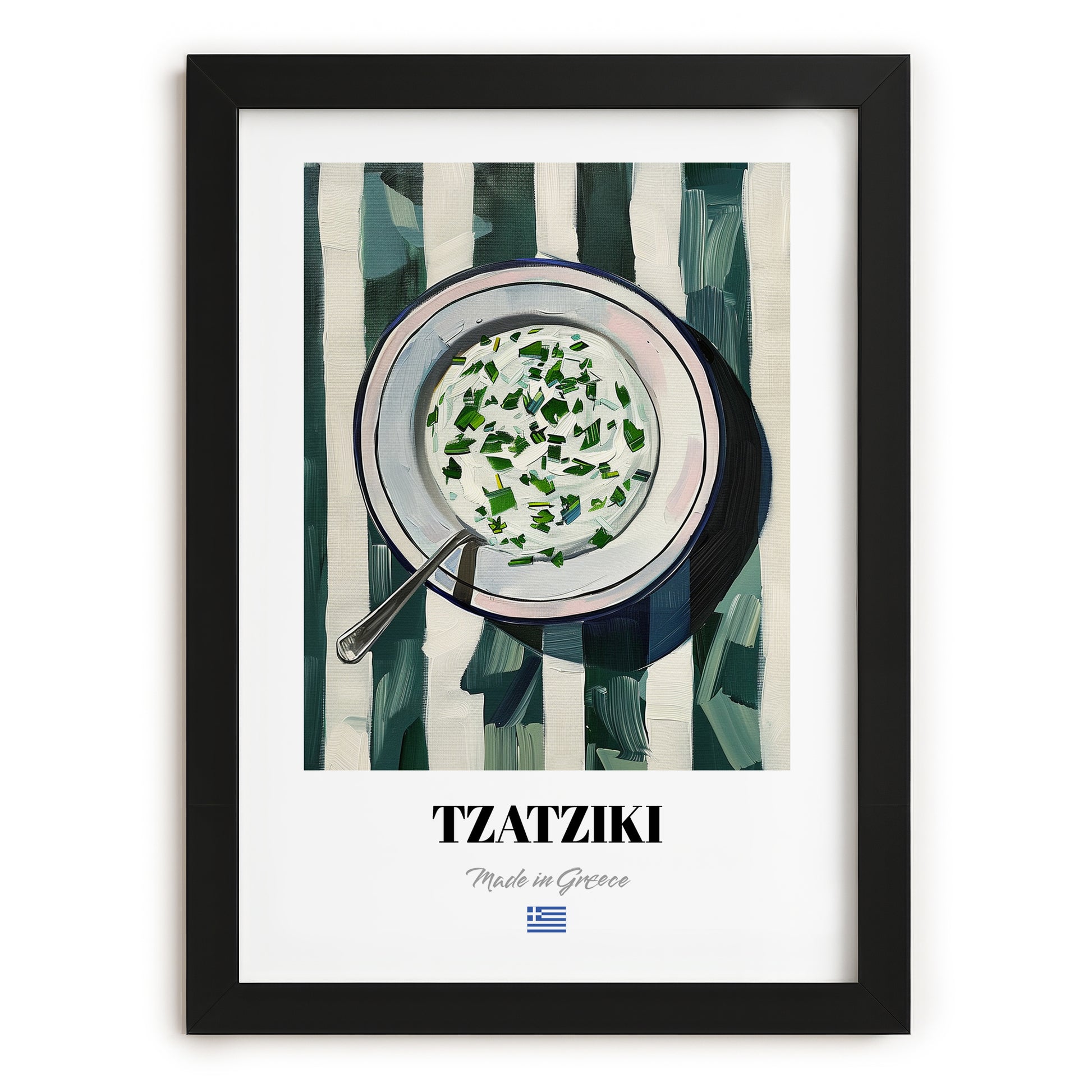 Tzatziki – on Striped Tablecloth, Greek Food Wall Illustration, in sleek black frame