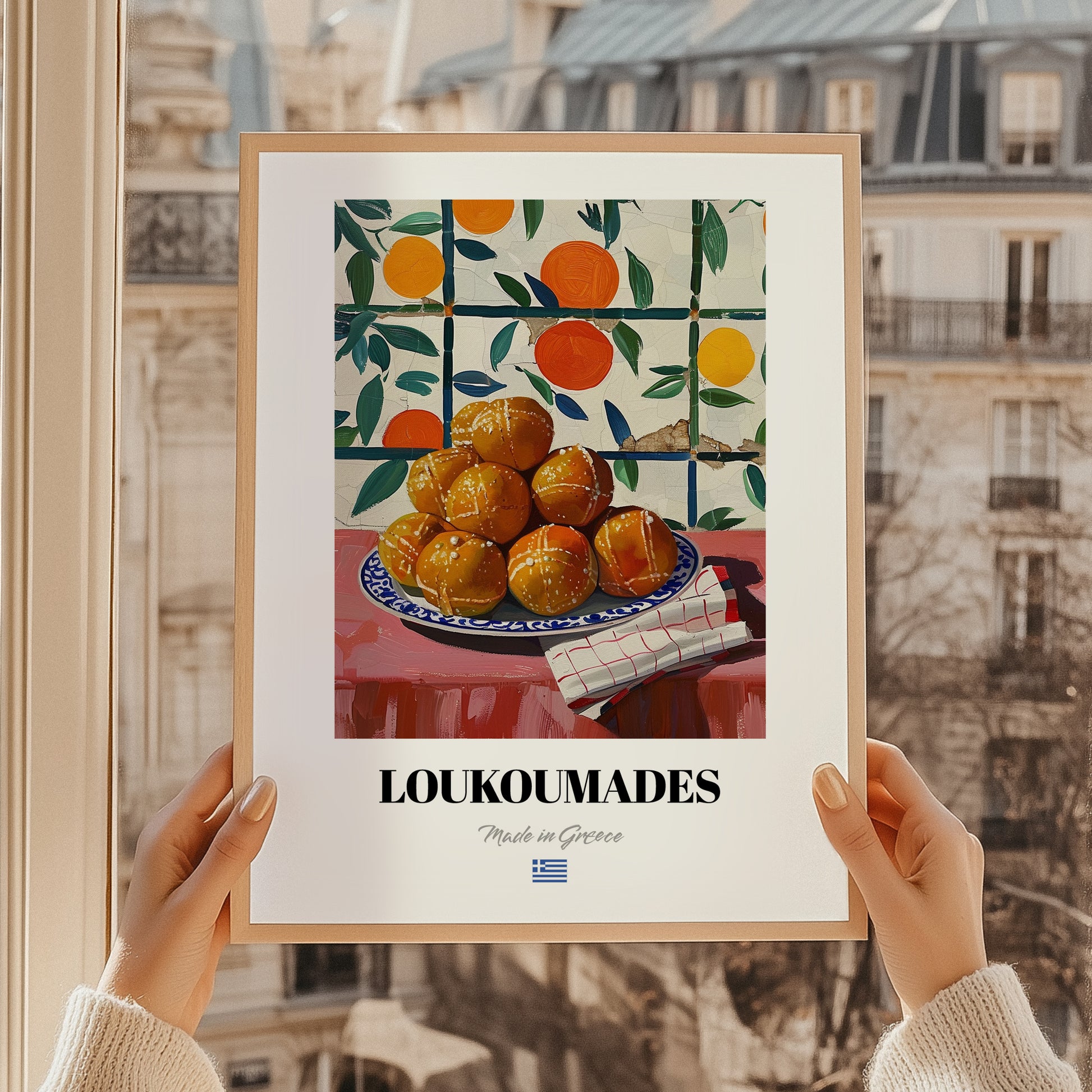 Loukoumades – Oil Painting, Greek Dessert Still Life, styled in a charming Paris street view