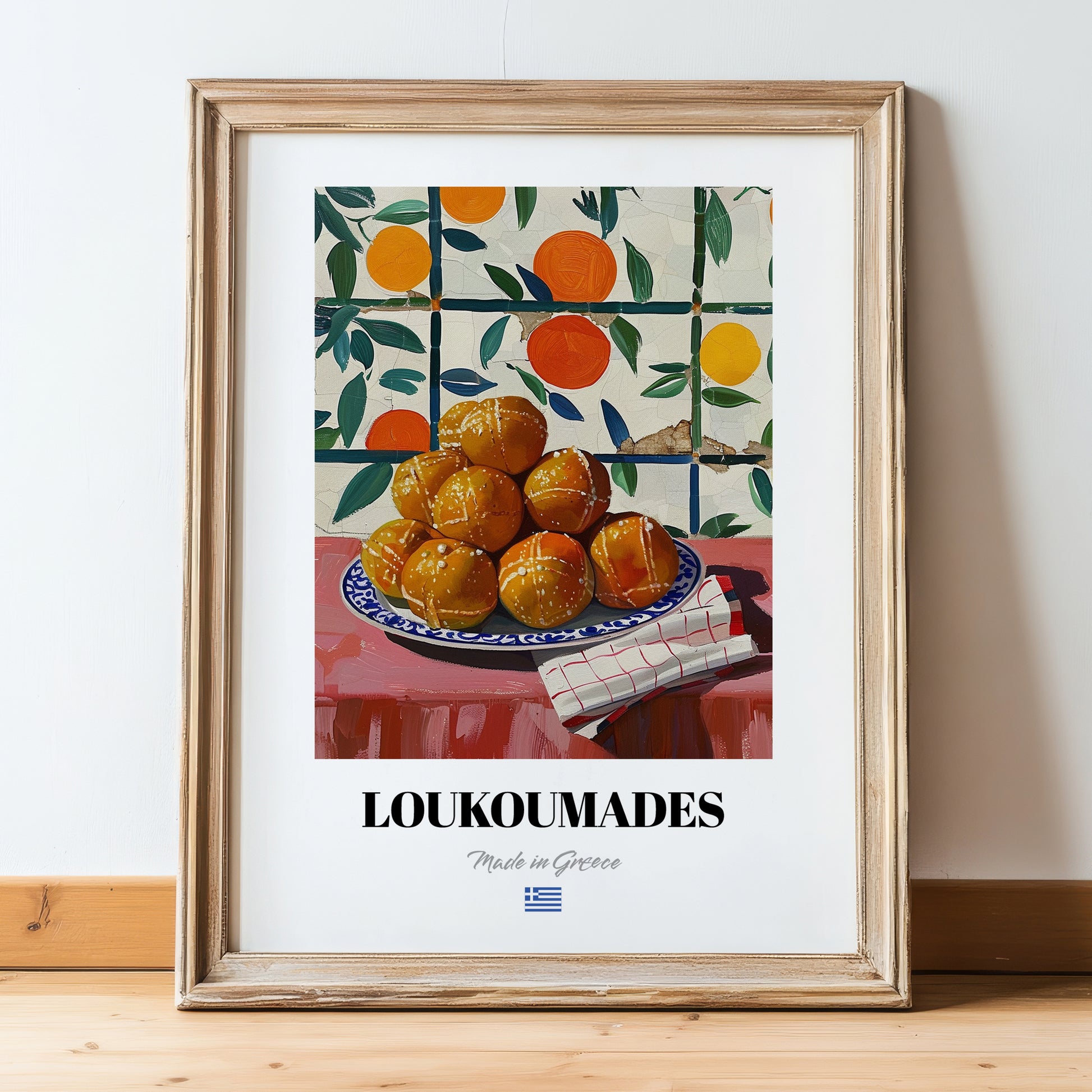 Loukoumades – Oil Painting, Greek Dessert Still Life, in wooden frame leaning on the floor