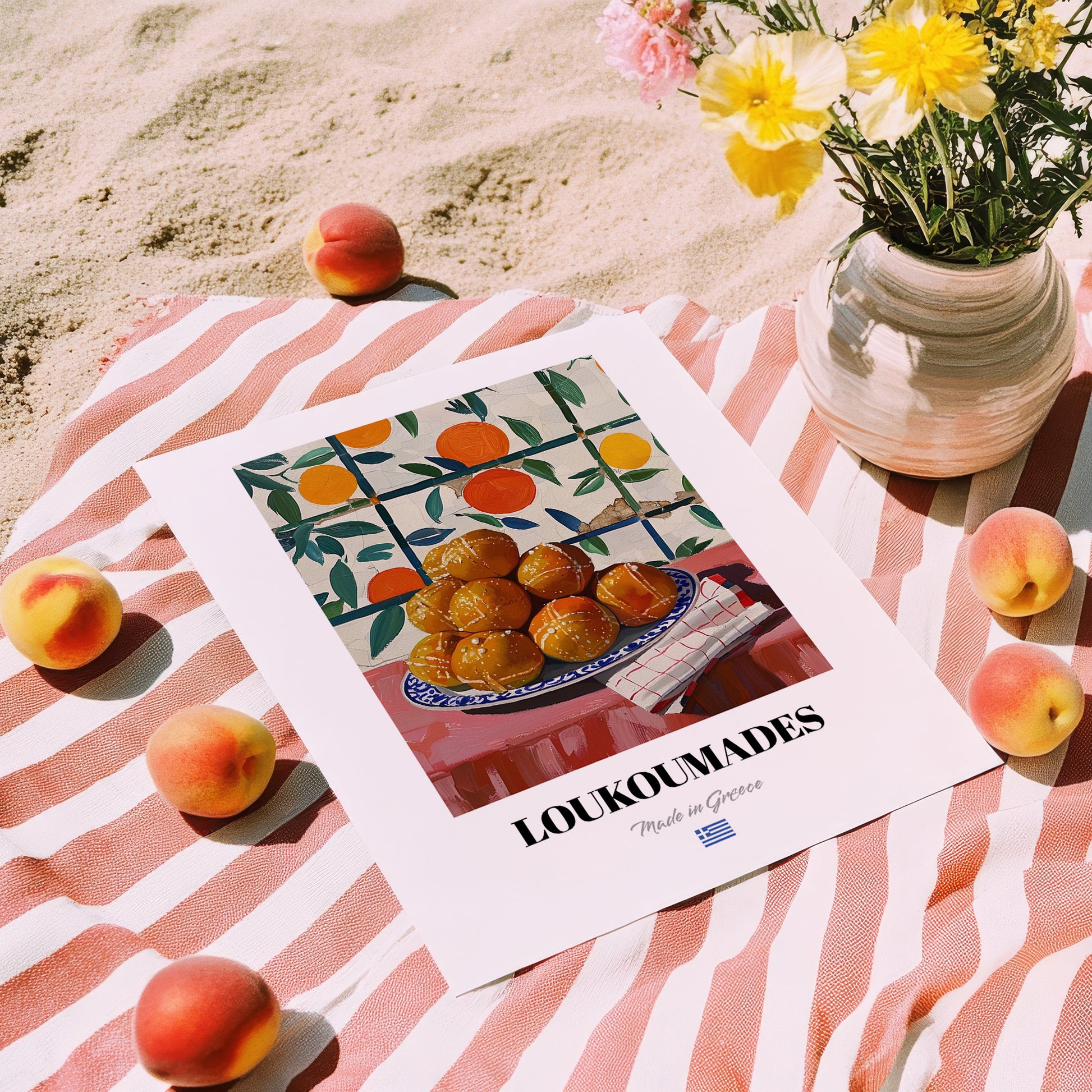 Loukoumades – Oil Painting, Greek Dessert Still Life, unframed on coastal sand