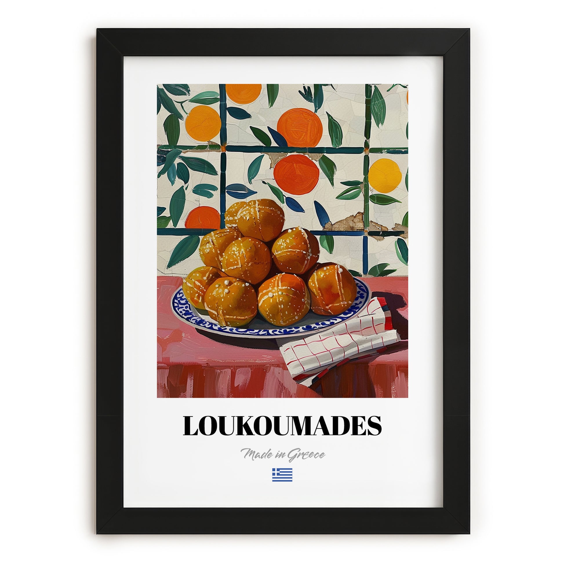 Loukoumades – Oil Painting, Greek Dessert Still Life, in sleek black frame