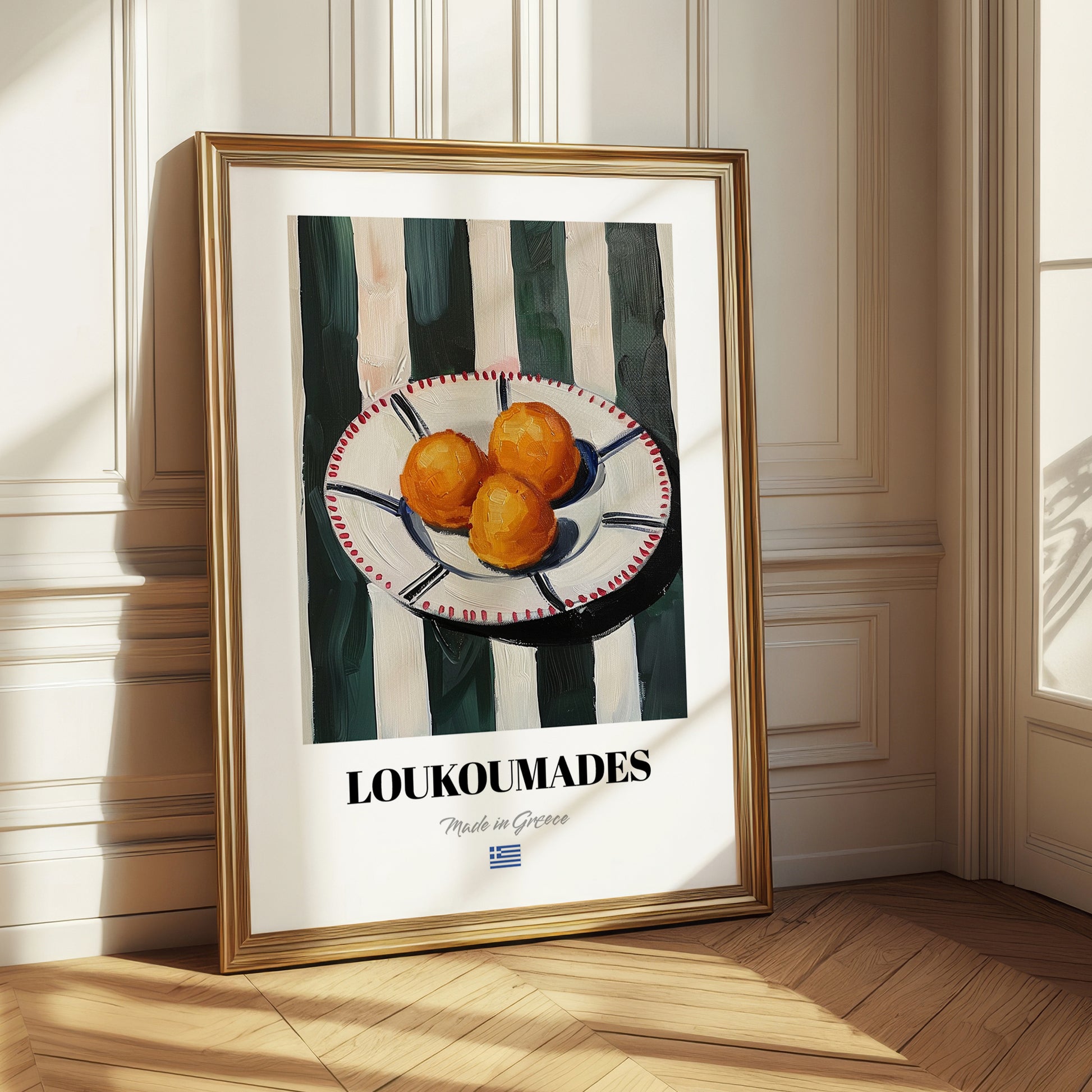 Loukoumades – on Striped Tablecloth, Greek Dessert Poster 
