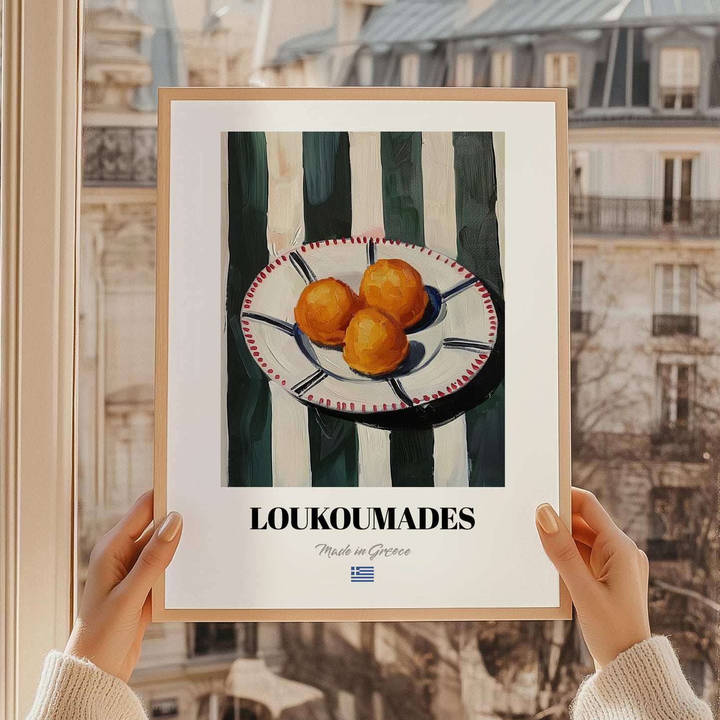 Loukoumades – on Striped Tablecloth, Greek Dessert Poster, styled in a charming Paris street view