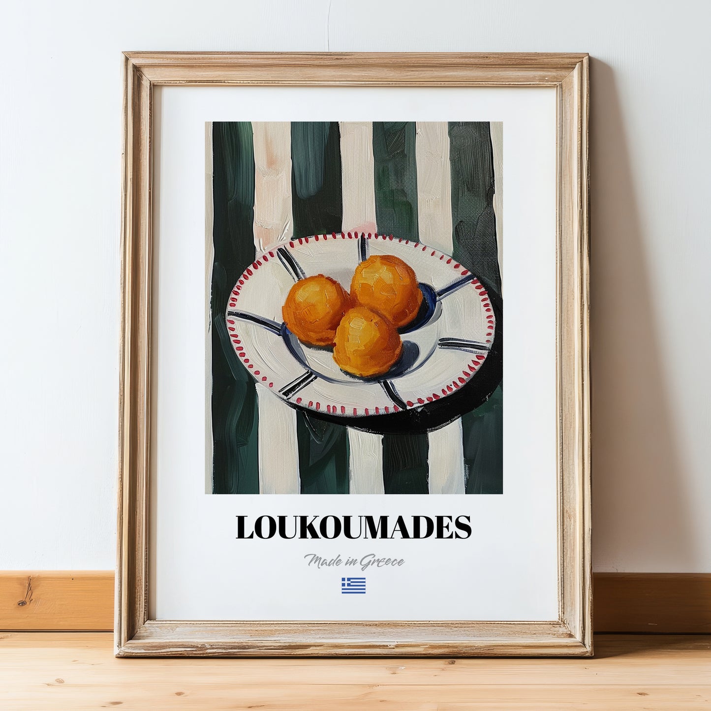 Loukoumades – on Striped Tablecloth, Greek Dessert Poster, in wooden frame leaning on the floor