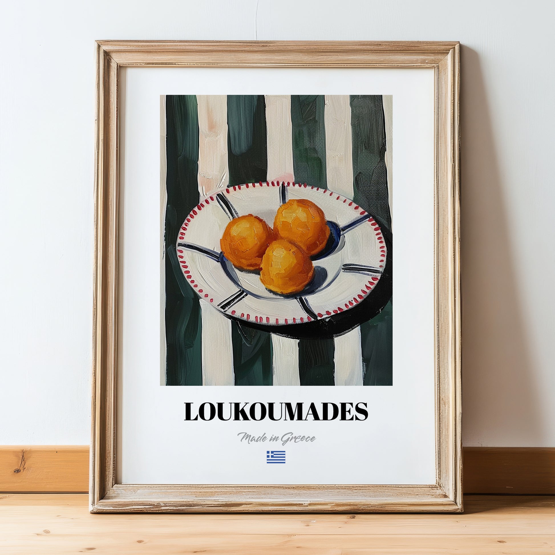 Loukoumades – on Striped Tablecloth, Greek Dessert Poster, in wooden frame leaning on the floor