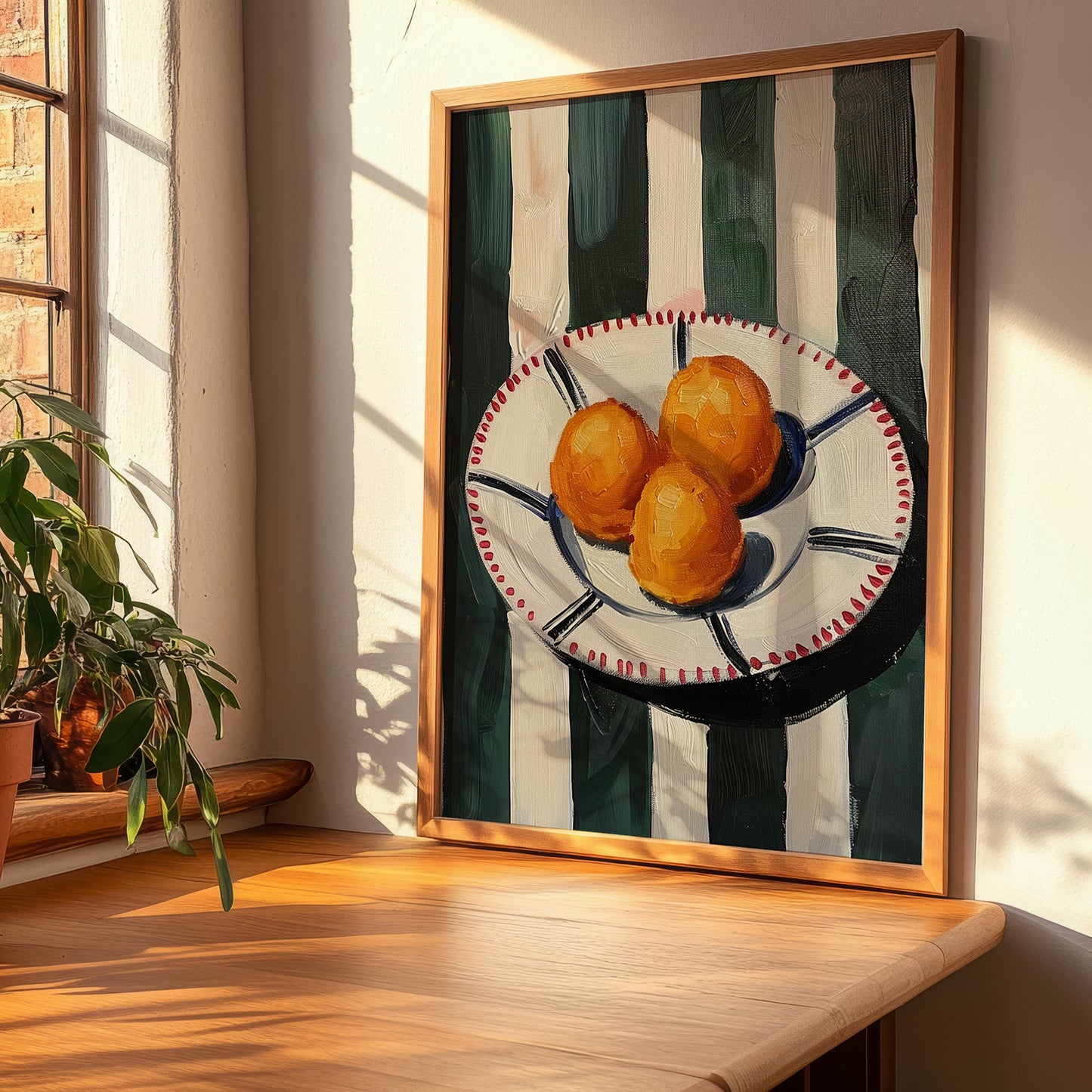 Loukoumades – on Striped Tablecloth, Greek Dessert Poster, clean layout with no caption