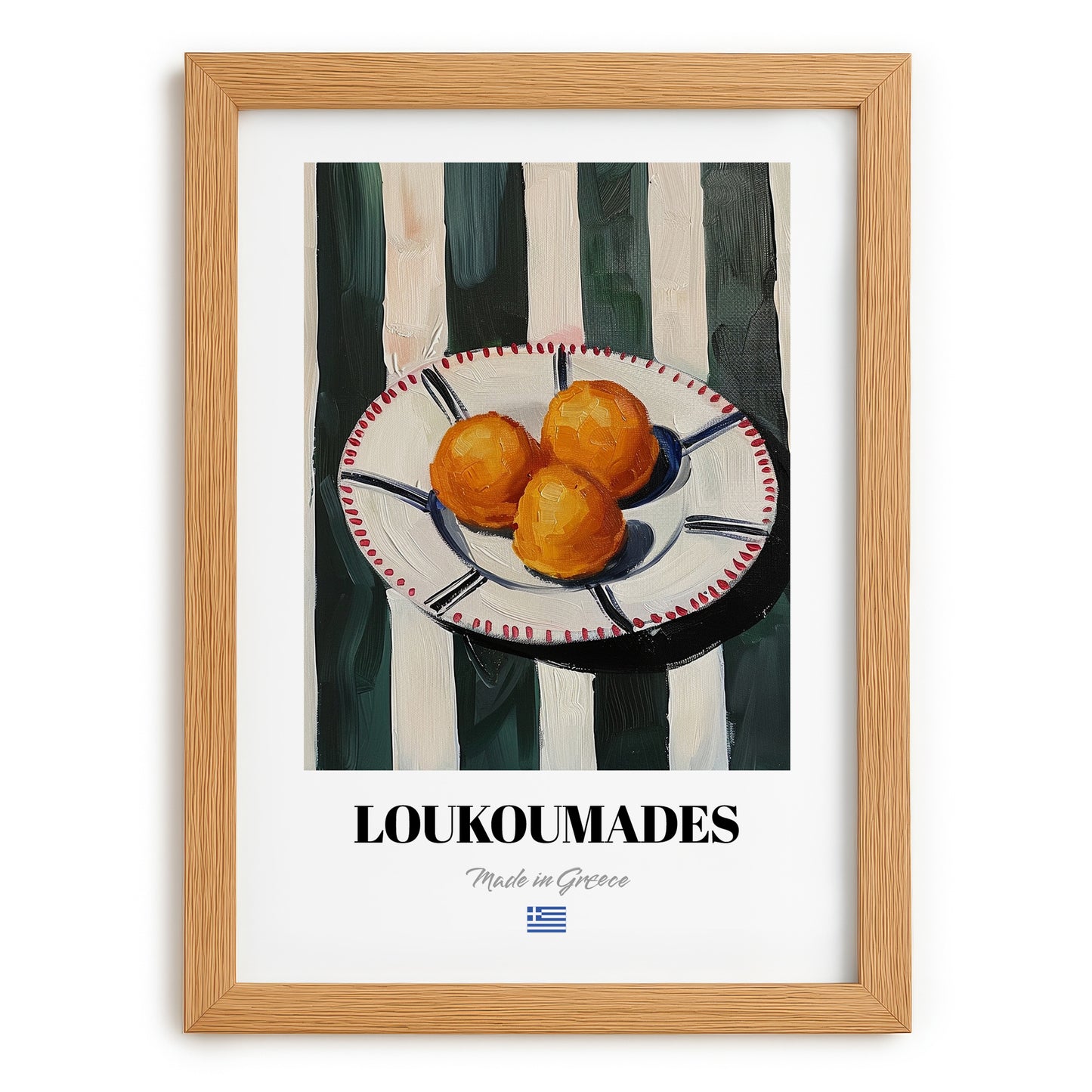 Loukoumades – on Striped Tablecloth, Greek Dessert Poster, set in oak frame