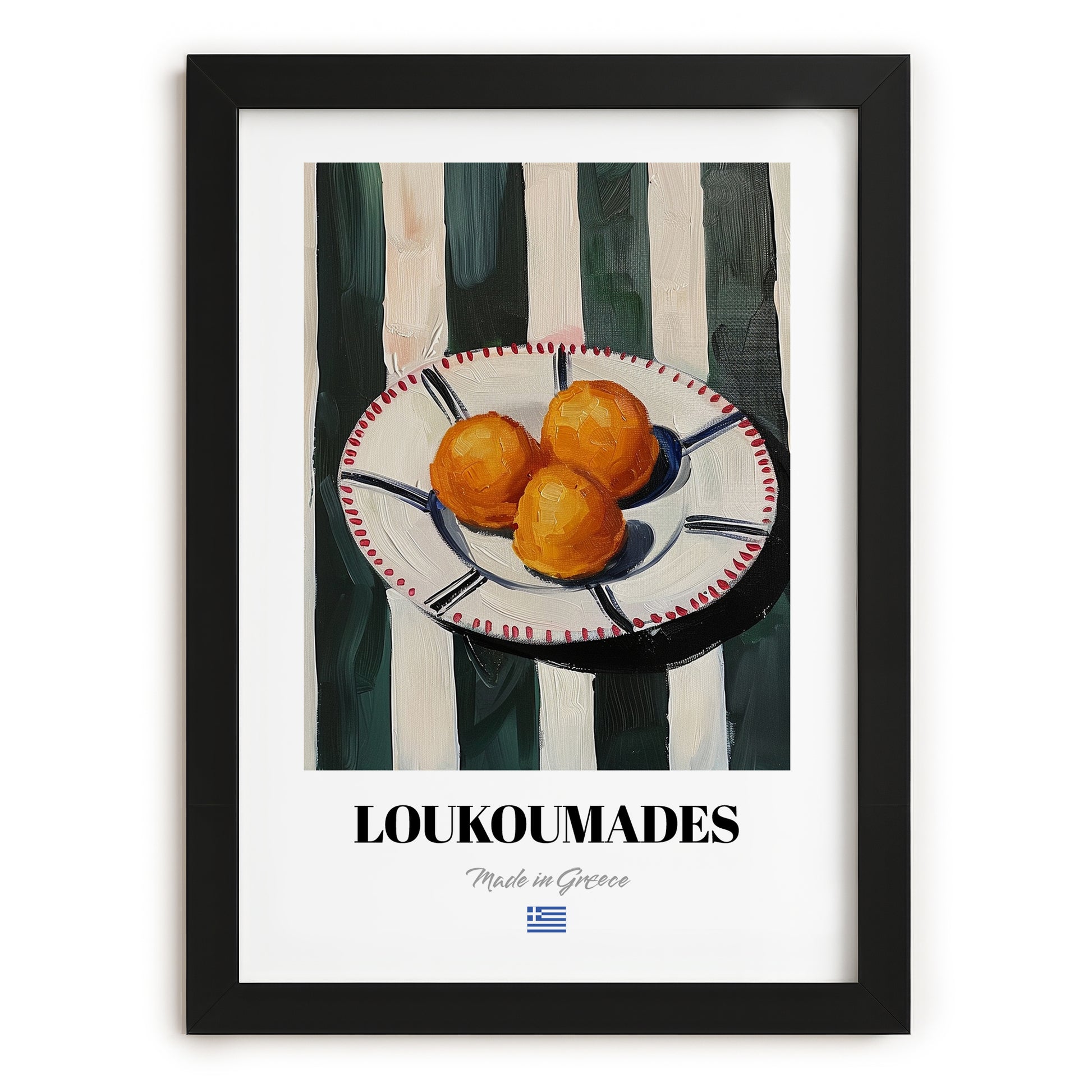 Loukoumades – on Striped Tablecloth, Greek Dessert Poster, in sleek black frame