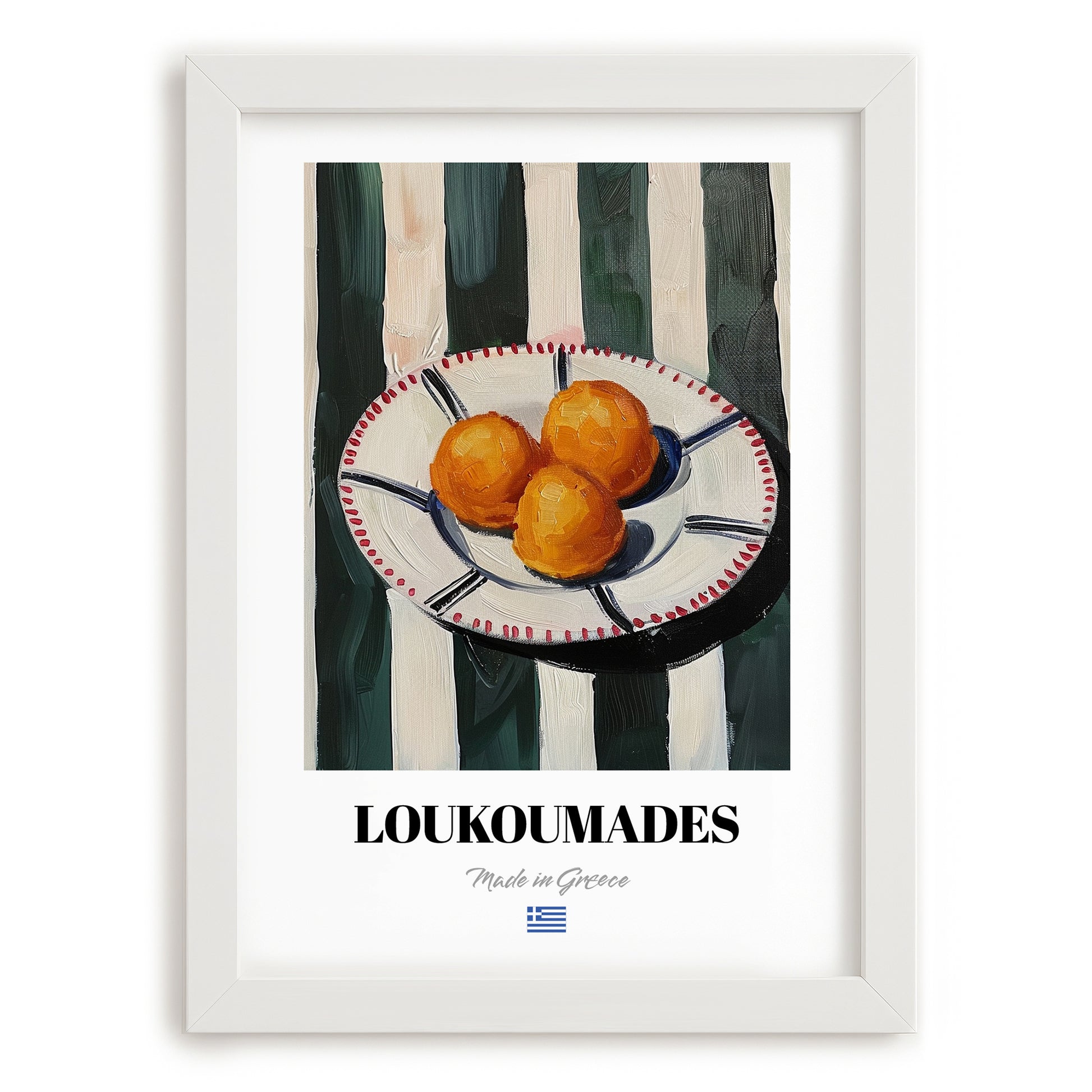Loukoumades – on Striped Tablecloth, Greek Dessert Poster, placed in minimal white frame