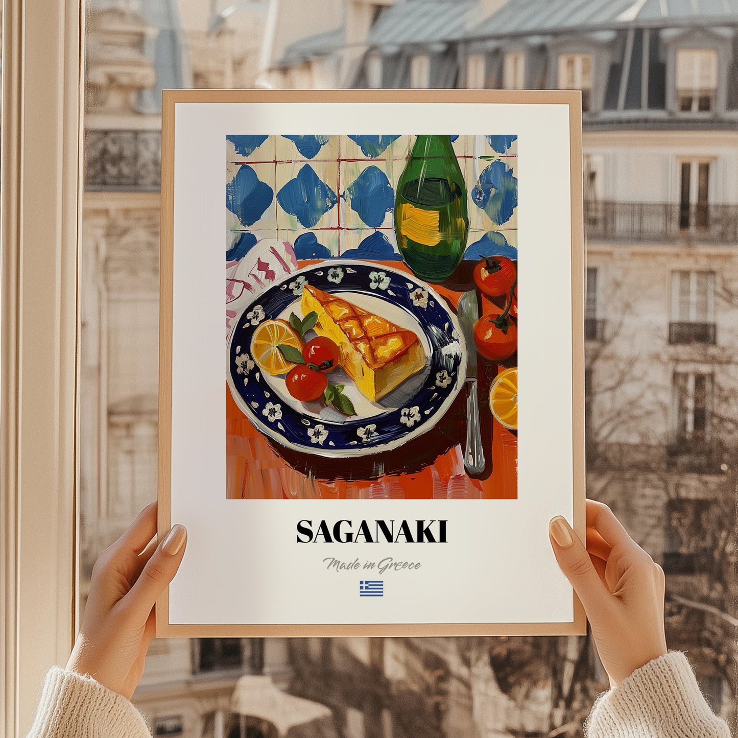 Saganaki – Oil Painting, Greek Cheese Wall Decor, styled in a charming Paris street view