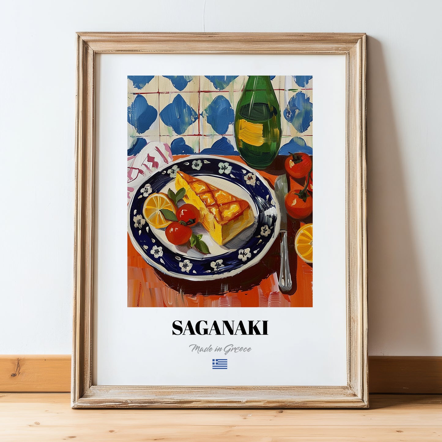 Saganaki – Oil Painting, Greek Cheese Wall Decor, in wooden frame leaning on the floor