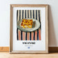 Saganaki – on Striped Tablecloth, Greek Cheese Wall Decor, in wooden frame leaning on the floor