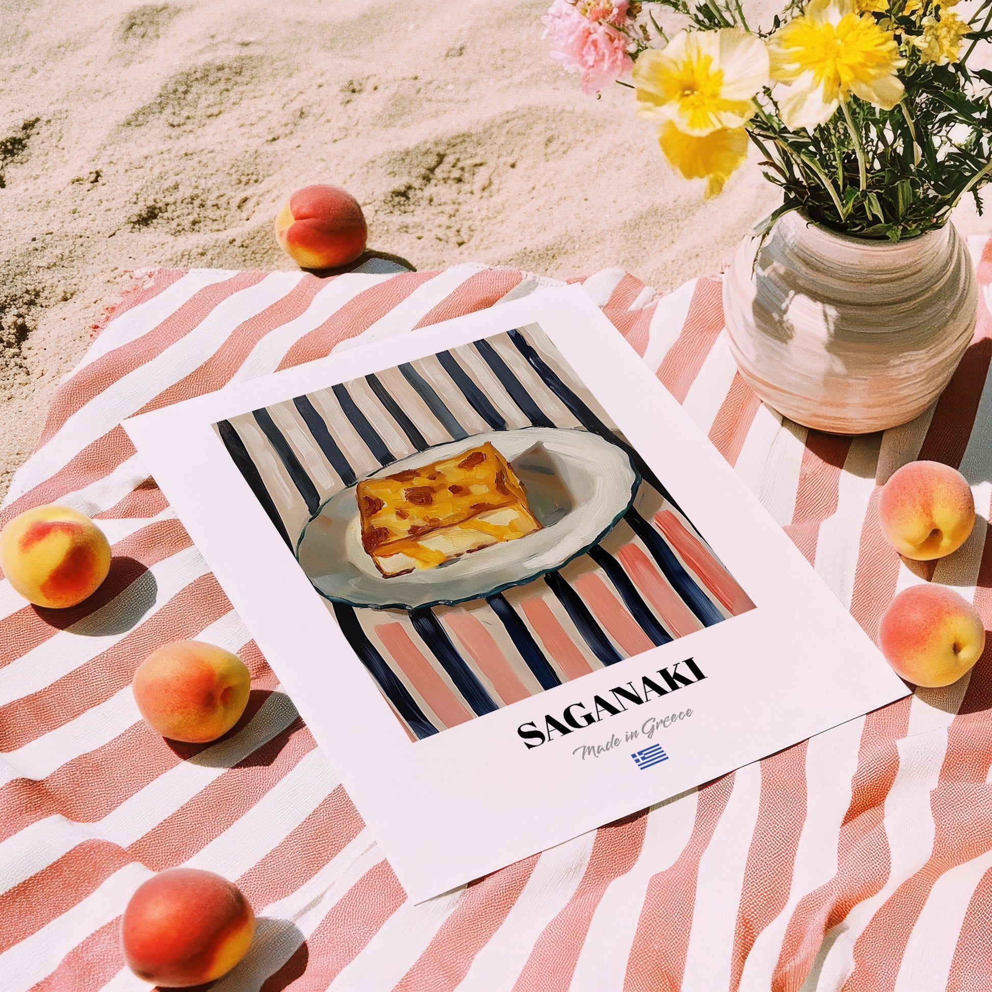 Saganaki – on Striped Tablecloth, Greek Cheese Wall Decor, unframed on coastal sand