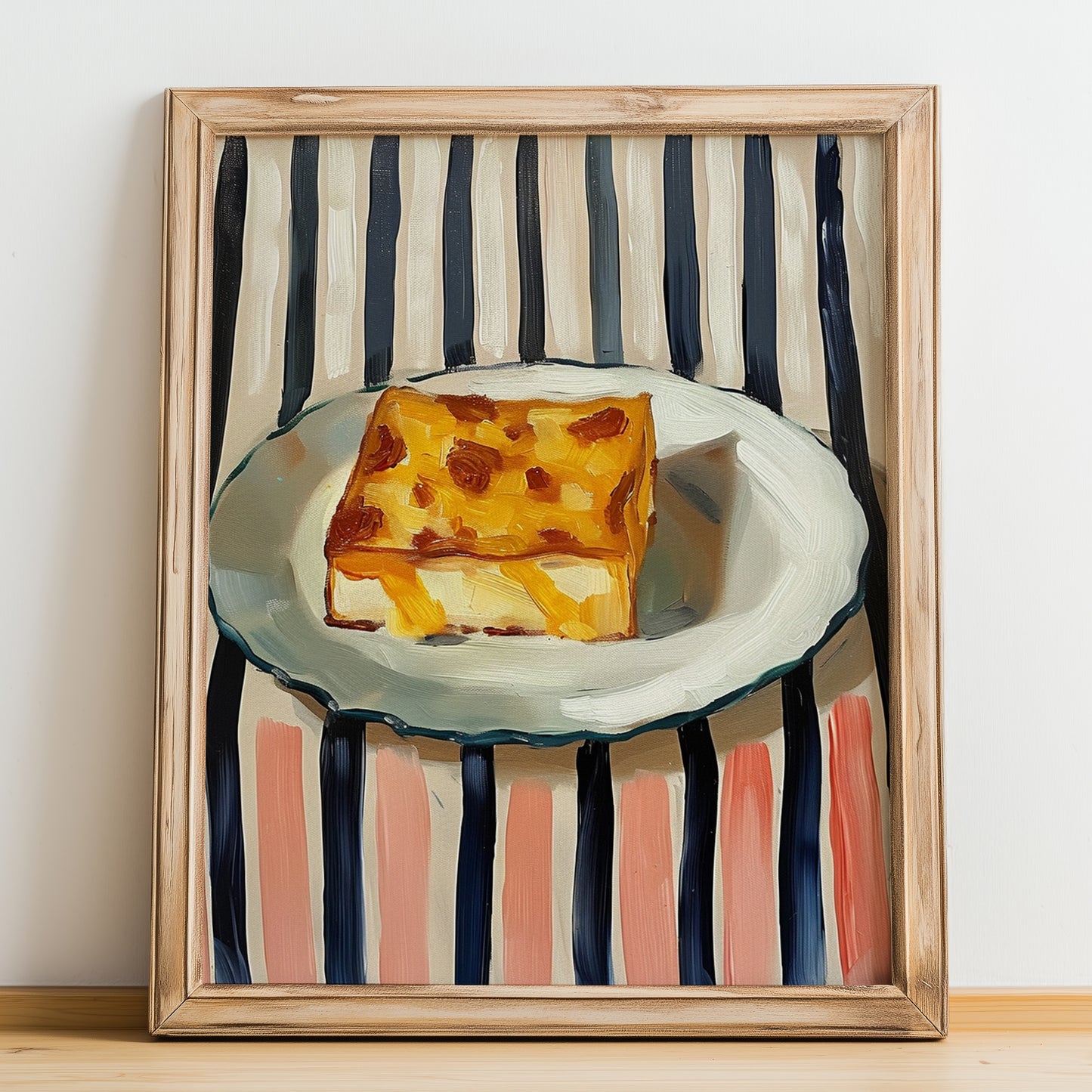 Saganaki – on Striped Tablecloth, Greek Cheese Wall Decor, no-text version framed in wood