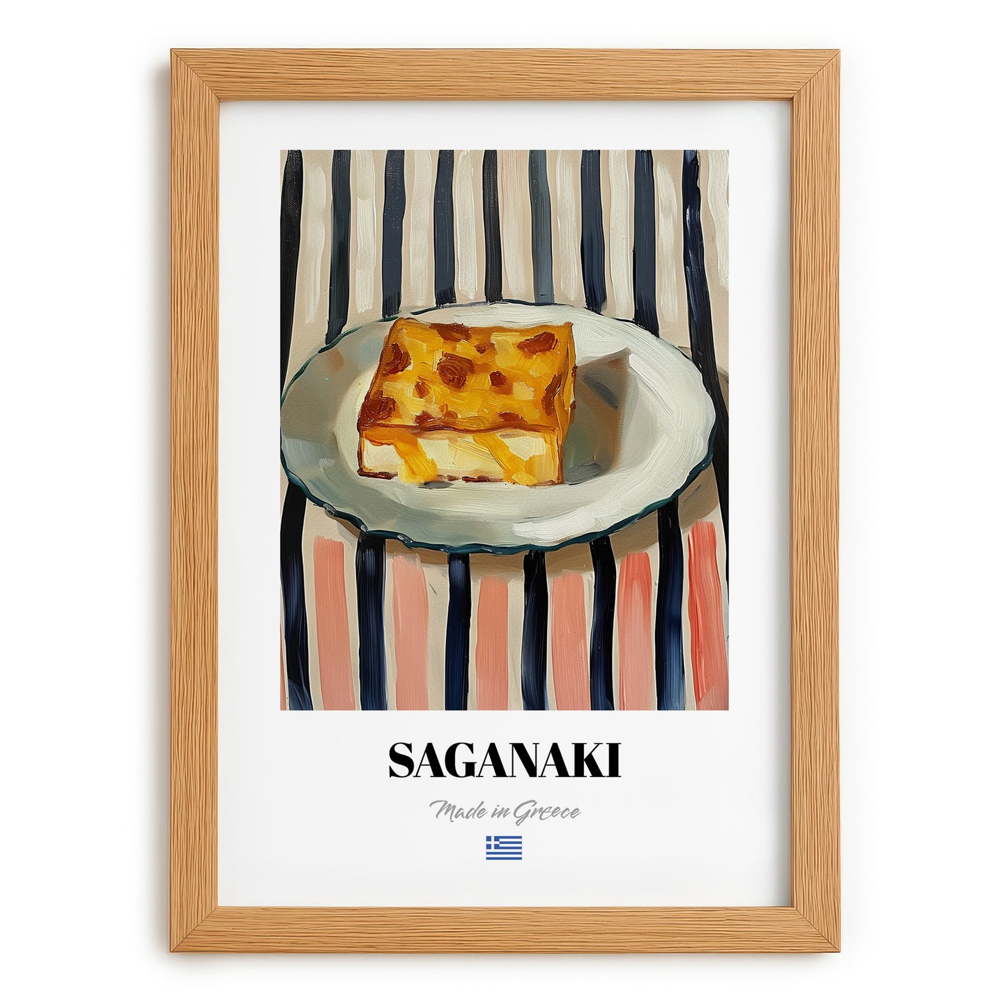 Saganaki – on Striped Tablecloth, Greek Cheese Wall Decor, set in oak frame