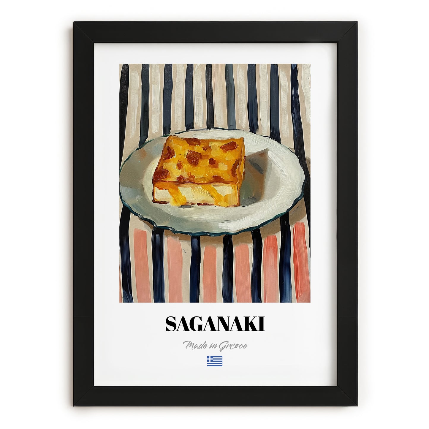 Saganaki – on Striped Tablecloth, Greek Cheese Wall Decor, in sleek black frame
